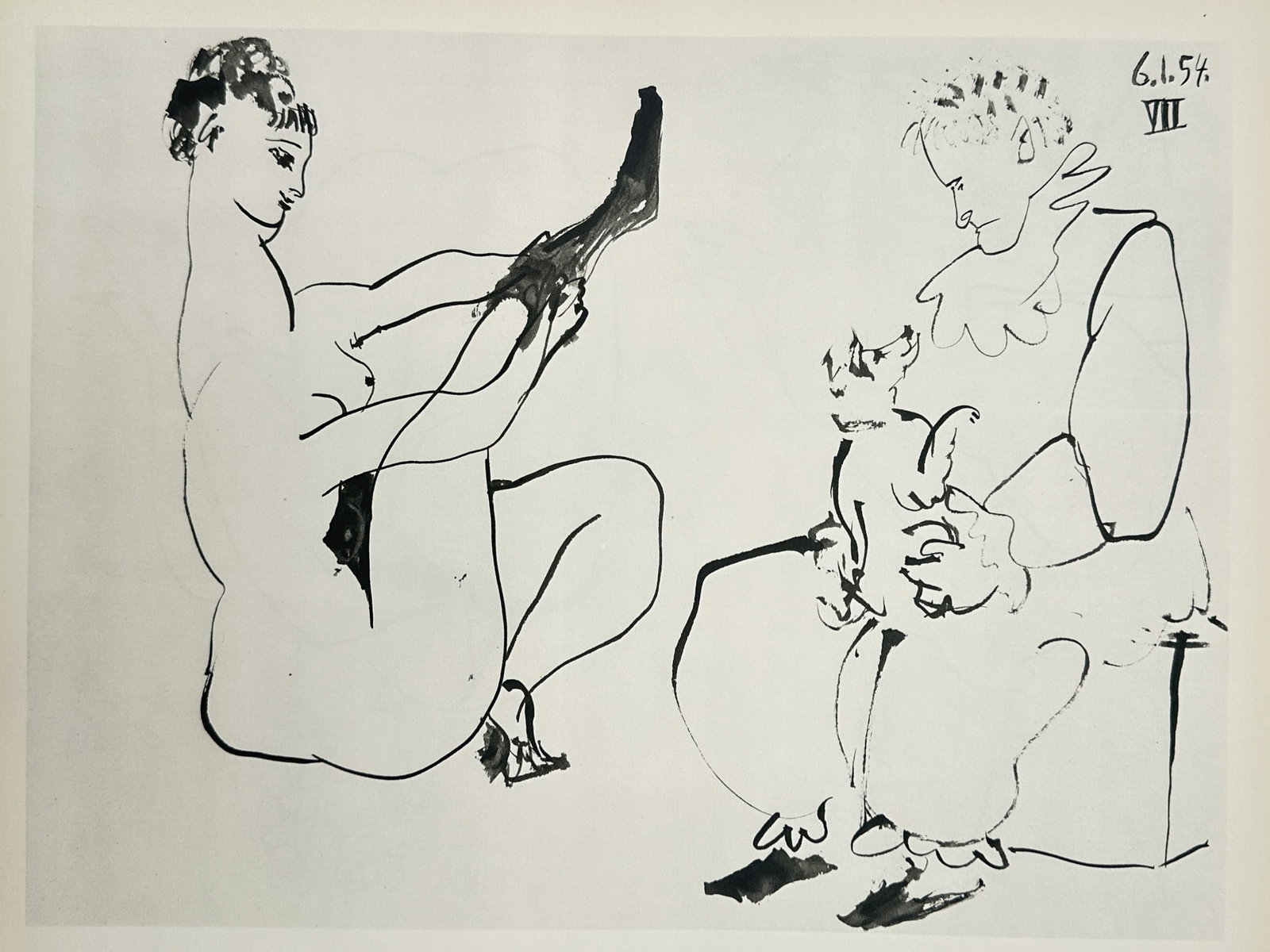 Pablo Picasso, after – Nude Woman Putting on Stockings with Seated Clown and Dog – Offset print: "Nude Woman Putting on Stockings with Seated Clown and Dog" depicts a seated nude female figure in profile as she pulls a dark stocking over her raised leg. To her right, a seated male figure dressed