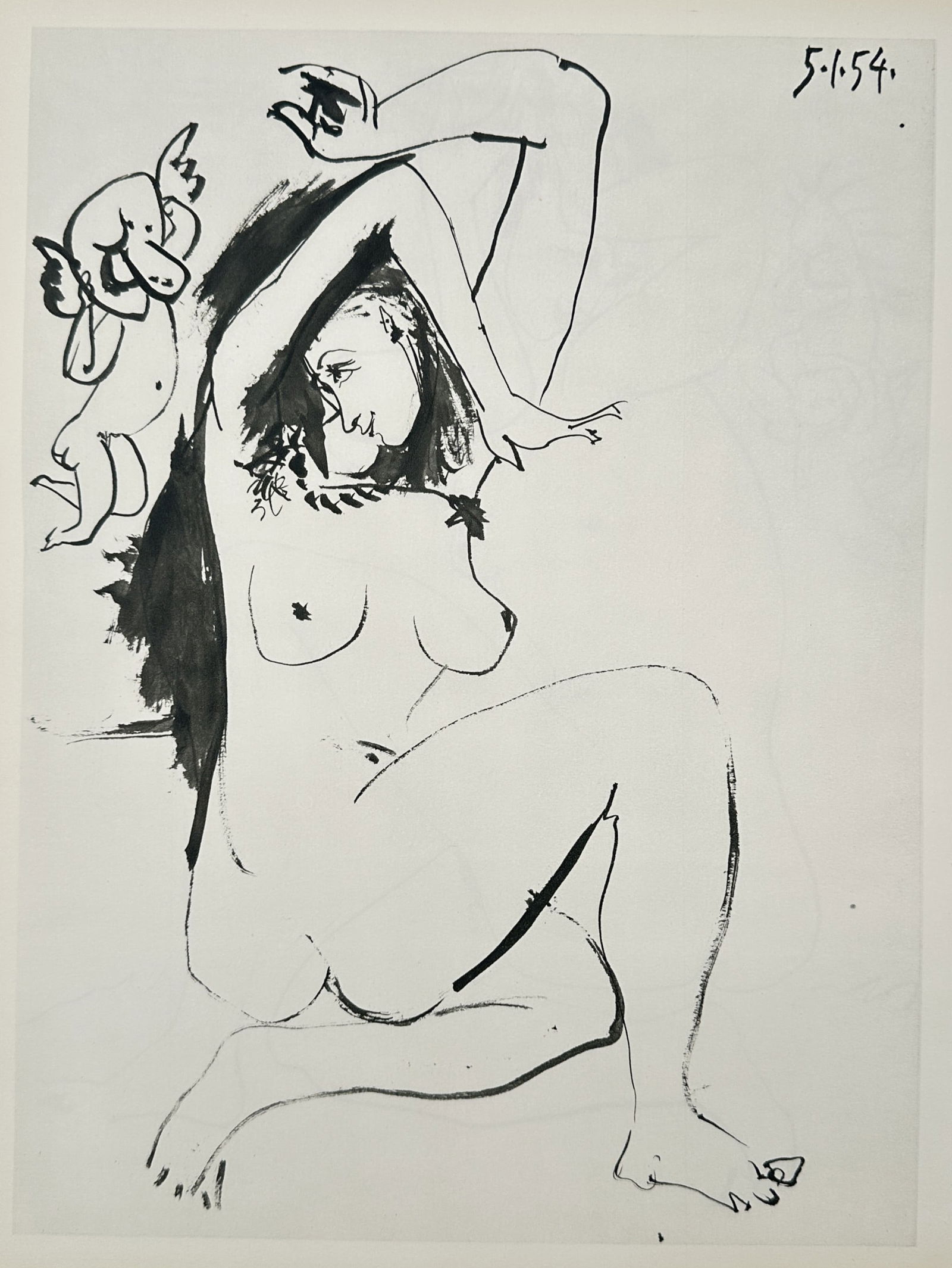 Pablo Picasso, after – Seated Nude Woman and Cupid – Offset print (20th Century): "Seated Nude Woman and Cupid" depicts a crouching nude female figure with her arms raised behind her head, accompanied by a small, winged cupid or putto to her left. The scene is rendered with fluid,