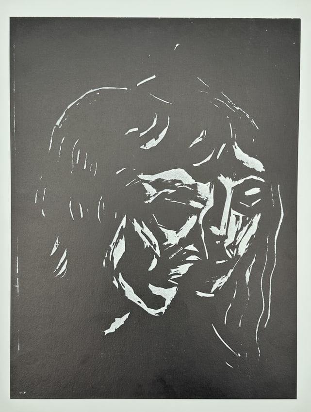 Edvard Munch (1863–1944), after – Lovers in the Dark – Offset print (20th Century): "Lovers in the Dark" depicts two figures in a close, expressive embrace, rendered with heavy, high-contrast white lines against a deep black background. The work utilizes a raw, woodcut-style aestheti