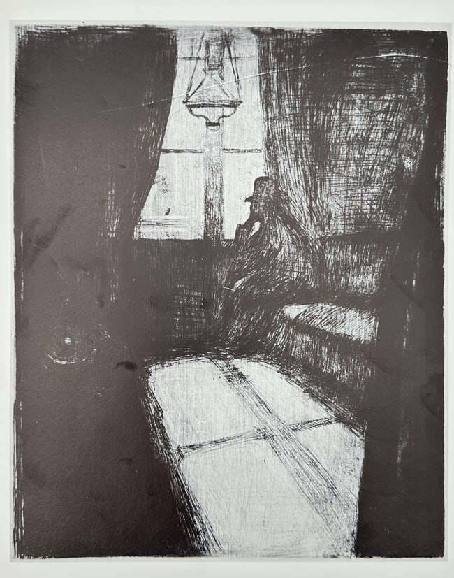 Edvard Munch (1863–1944), after – Moonlight – Offset print (20th Century): "Moonlight" portrays a solitary, silhouetted figure seated in a dark interior, looking out through a window at a nighttime scene. A strong beam of moonlight enters the room, casting a bright, rectangu