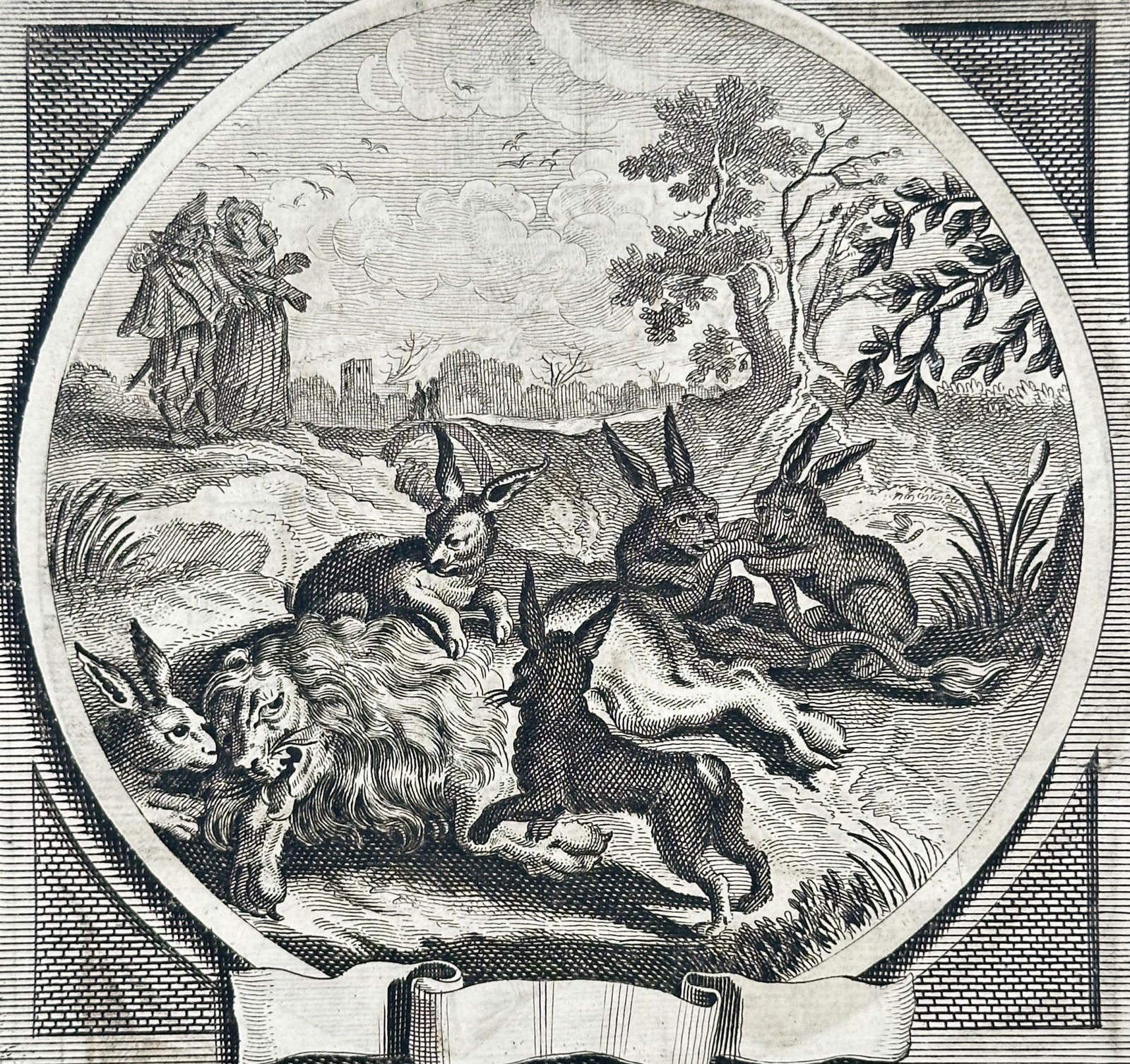 Jacob Cats (1577–1660) – Hares insulting a dead Lion – engraving (1627) (1 of 3)