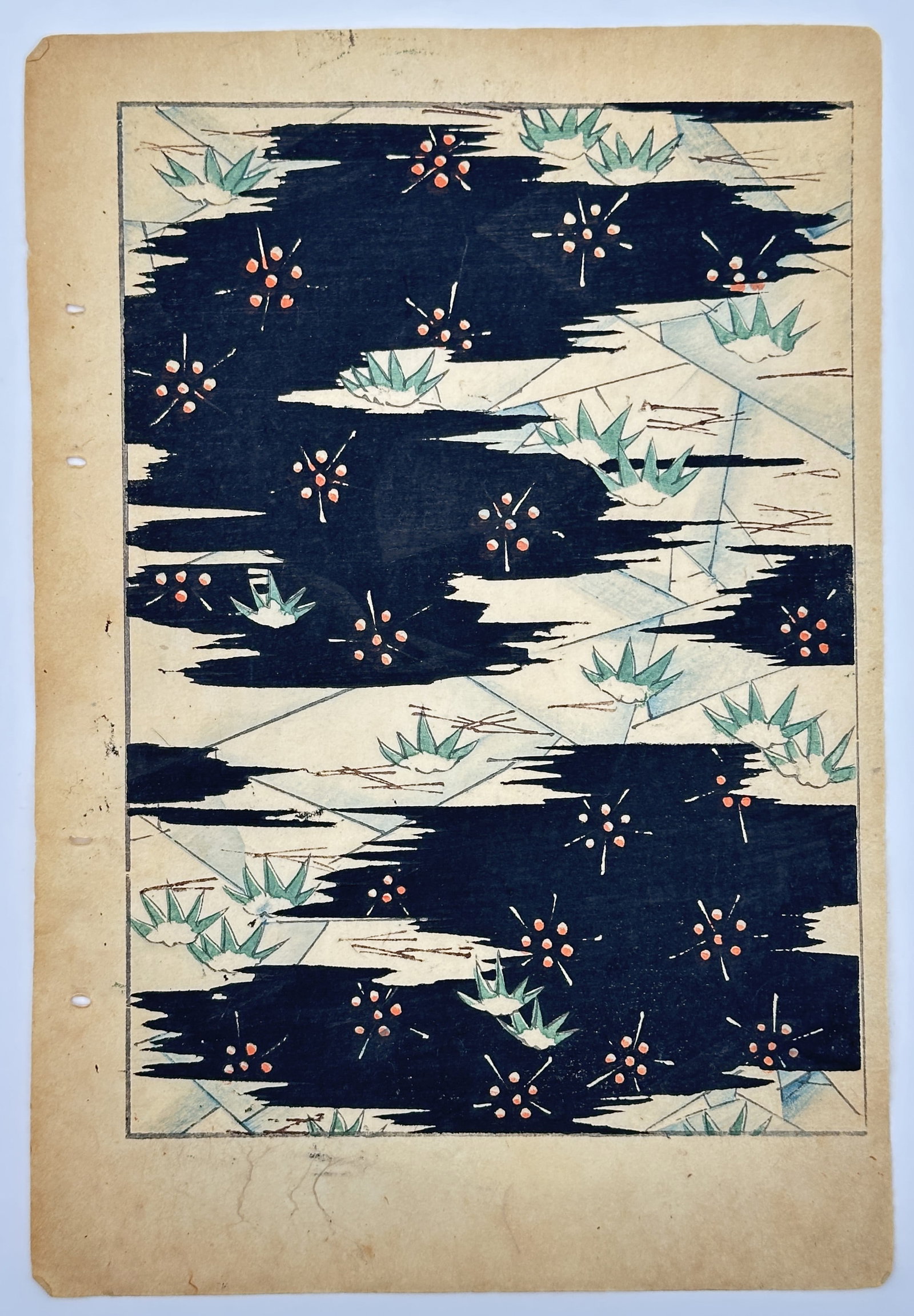Japanese School – Stylized bamboo foliage with red berries on black – woodcut (1 of 2)