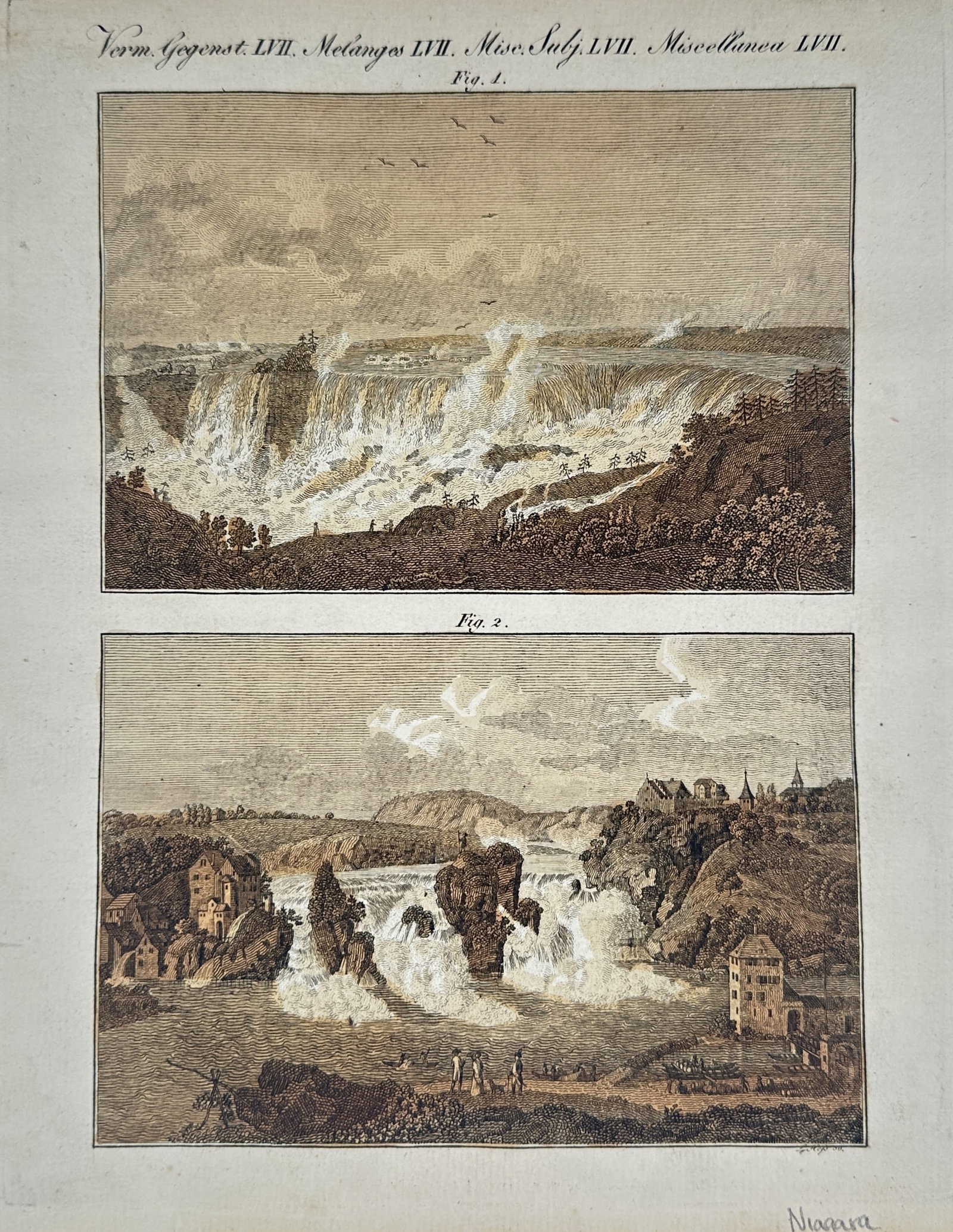 Friedrich Justin Bertuch – View of Niagara Falls and the Rhine Falls – Hand-coloured engraving (1 of 2)