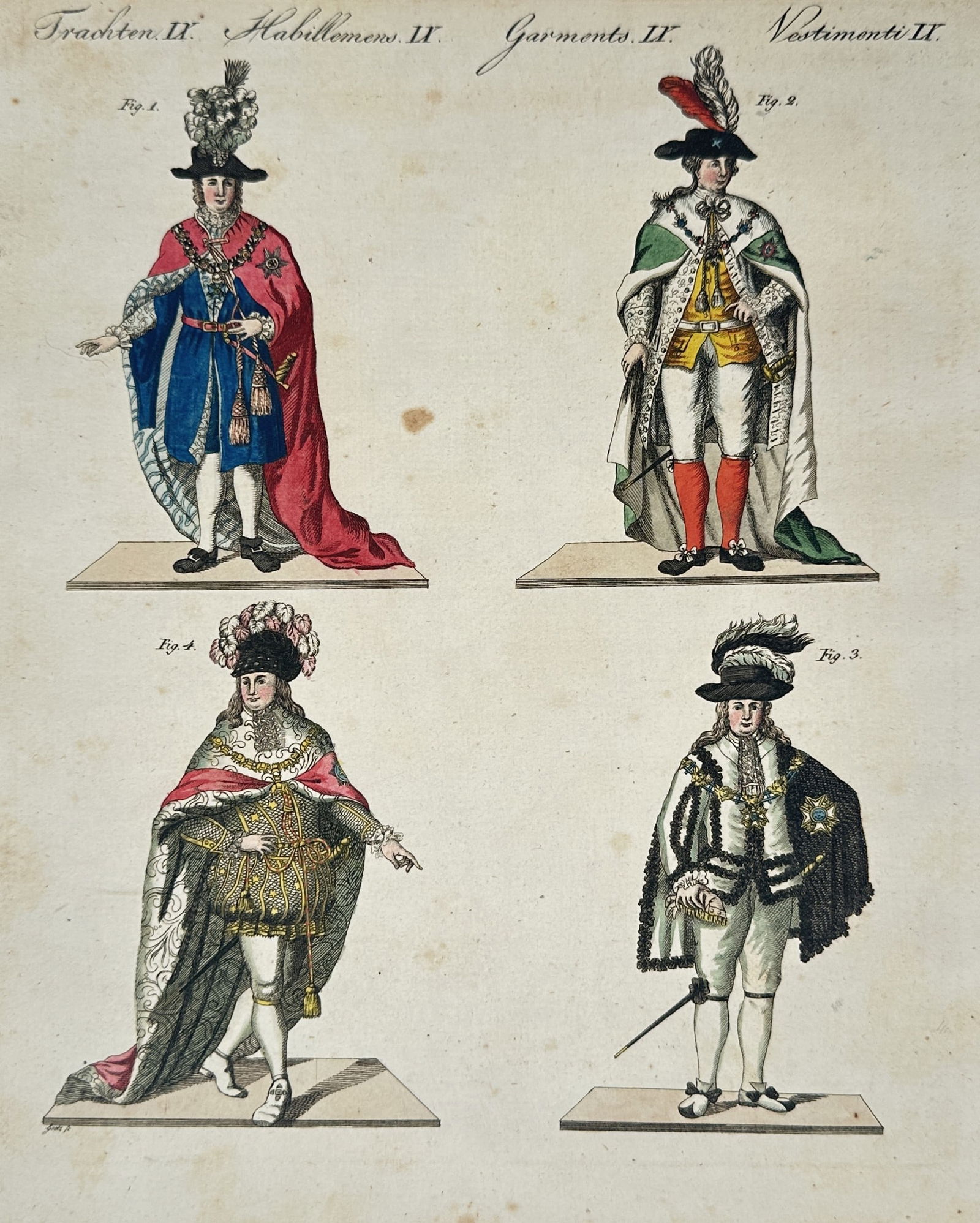 Friedrich Justin Bertuch – Four historical European costumes – Hand-coloured engraving (1792) (1 of 2)