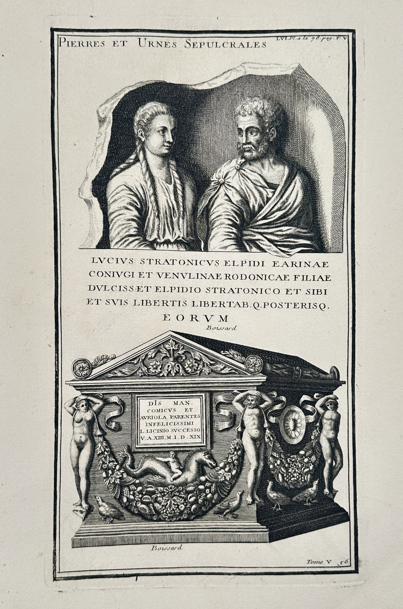 Bernard Montfaucon (1655–1741) – Ancient Roman funerary stones and urns – Engraving (1719) (1 of 2)