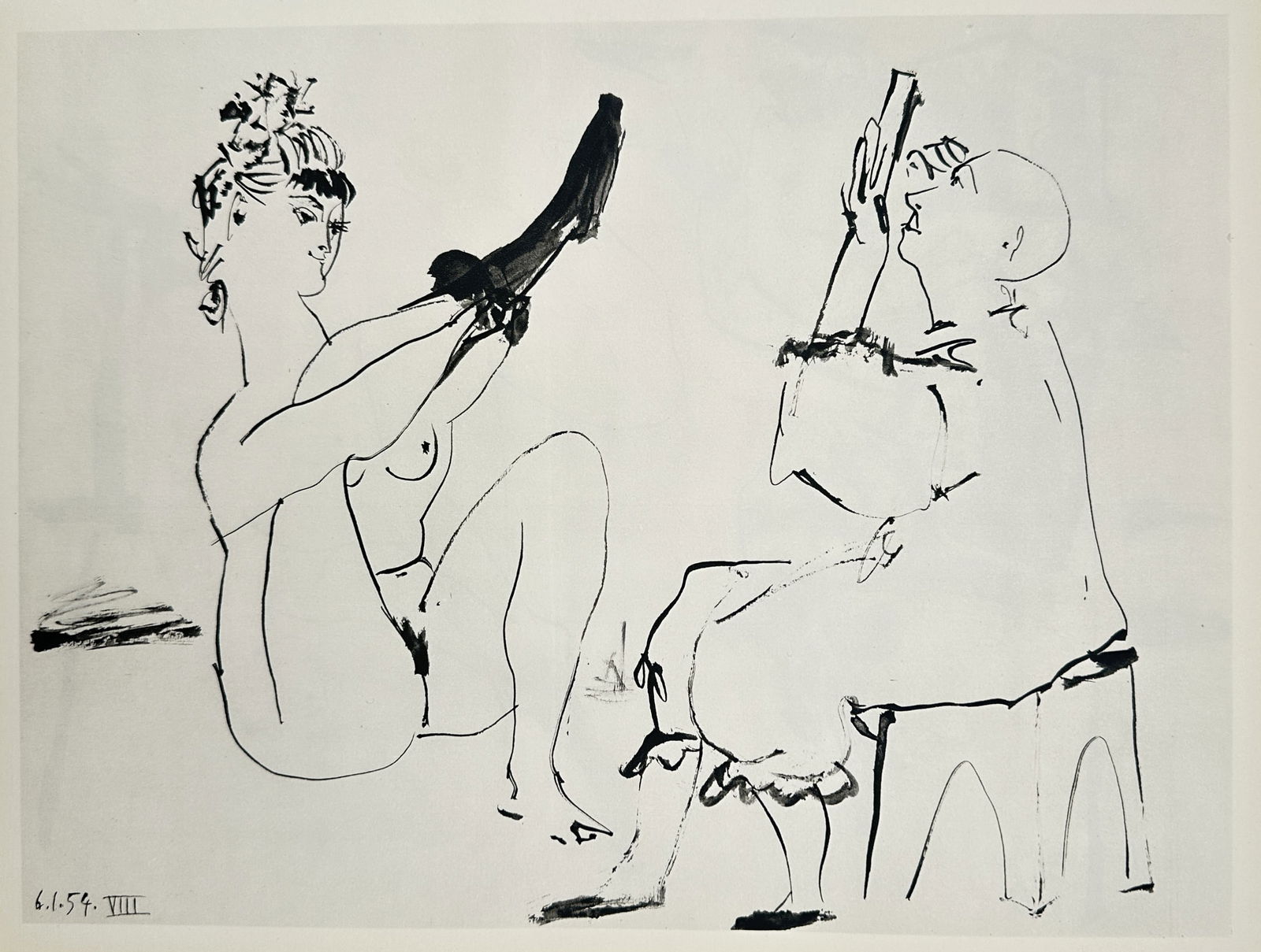 Pablo Picasso, after – The Human Comedy: Nude and Clown – Offset print (20th Century): "La Comédie Humaine" depicts a seated nude woman dressing while a seated male figure observes her. This work is part of a suite of drawings produced between late 1953 and early 1954, which was publis