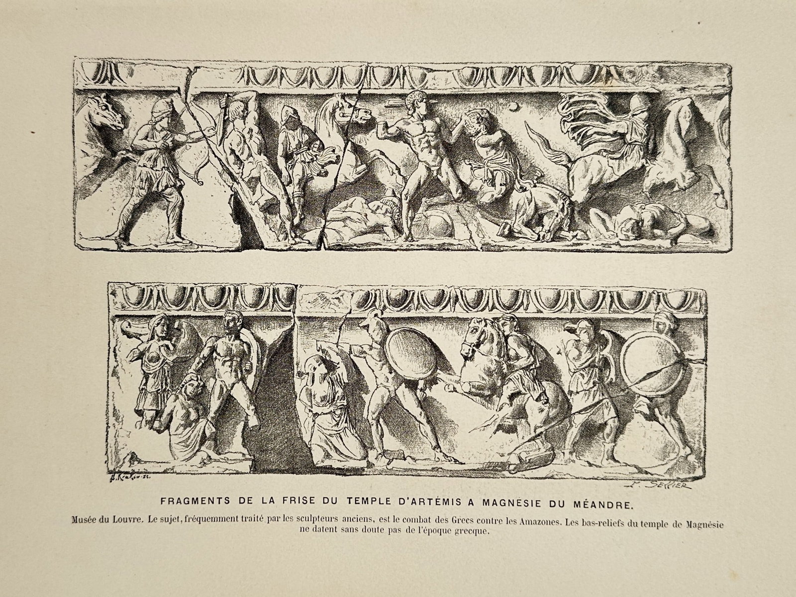 Charles Brun (1825–1908) – Fragments of the Frieze of the Temple of Artemis at Magnesia on the: "Fragments de la Frise du Temple d'Artémis à Magnésie du Méandre" illustrates two horizontal sections of a classical relief from the Louvre Museum, depicting the Amazonomachy, or the battle betwee