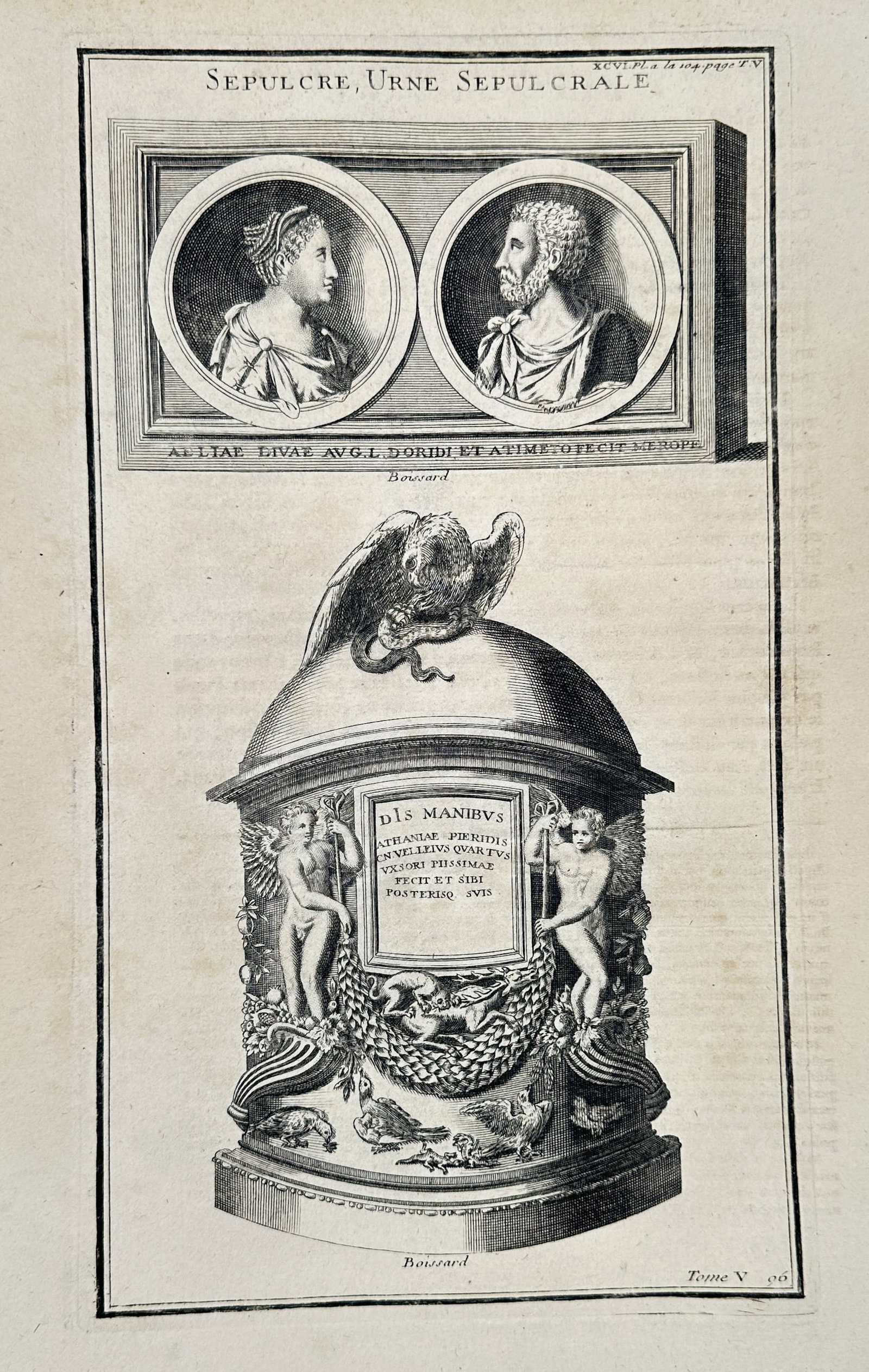 Bernard Montfaucon (1655–1741) – Roman Funerary Urn and Medallions – Engraving (1 of 2)