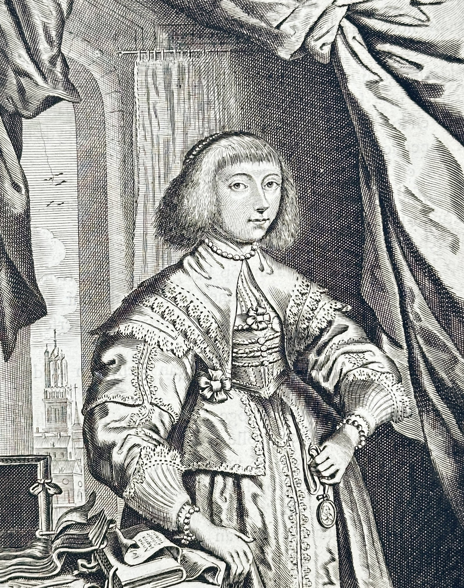 Jacob Cats (1577–1660) – Portrait of Anna Maria van Schurman – Engraving (1625): "Anna Maria van Schurman" presents a commemorative portrait of the celebrated Dutch scholar, poet, and artist. She is depicted in three-quarter length, wearing a sophisticated 17th-century dress with