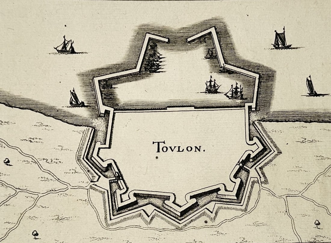 Caspar Merian (1627–1686) – Map of Toulon – France – Engraving (1661): "Tovlon" presents a precise plan of the fortified city of Toulon and its harbour on the Mediterranean coast of France. The map emphasizes the city's complex defensive perimeter, showcasing the star-sh