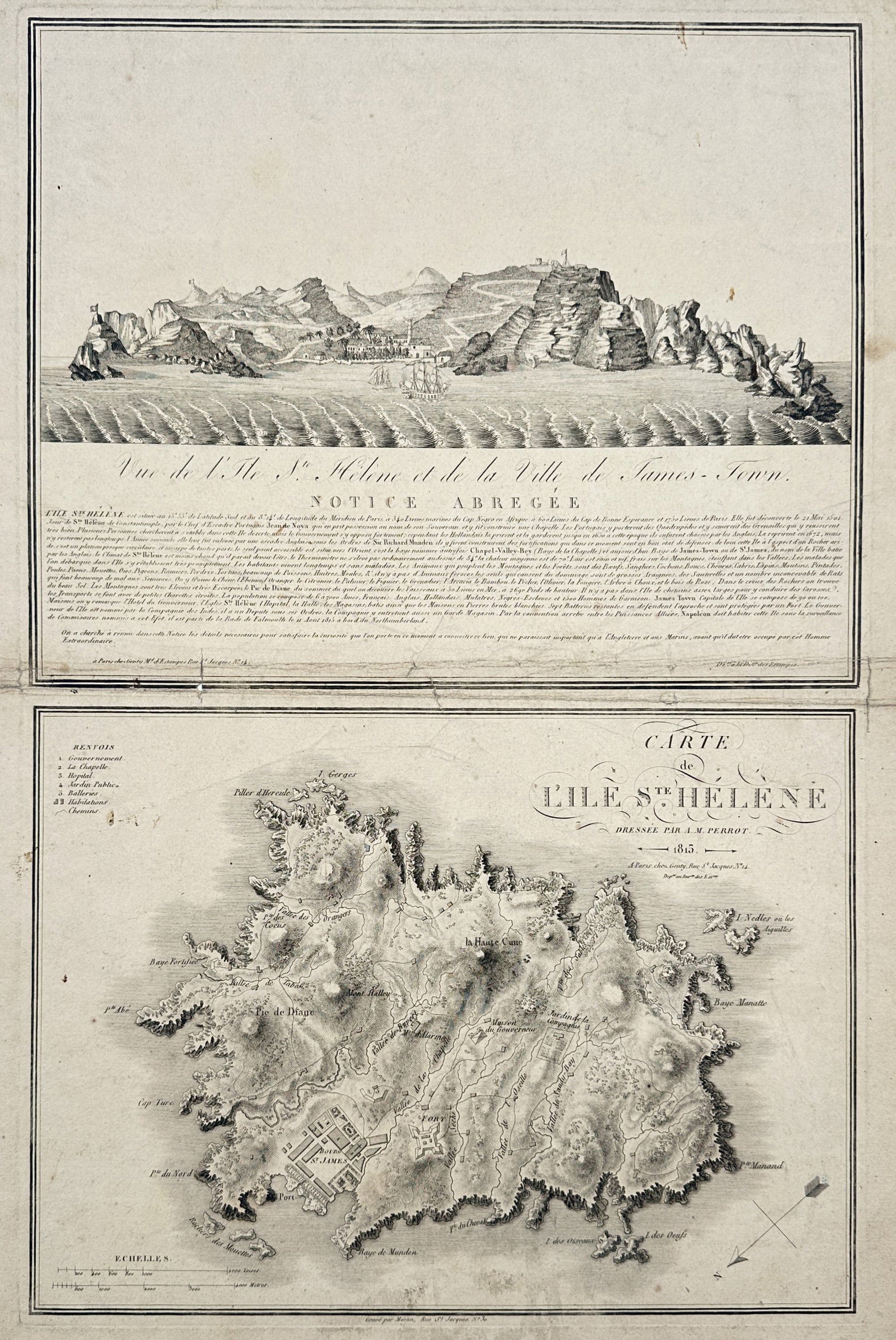 Aristide Michel Perrot (1793–1879) – View and Map of Saint Helena – Saint Helena – Engraving: "Vue de l'Isle St. Helene et de la Ville de James-Town" and "Carte de l'Isle Ste. Helene" present a combined topographical view and geographical map of the island of Saint Helena on a single sheet. Th