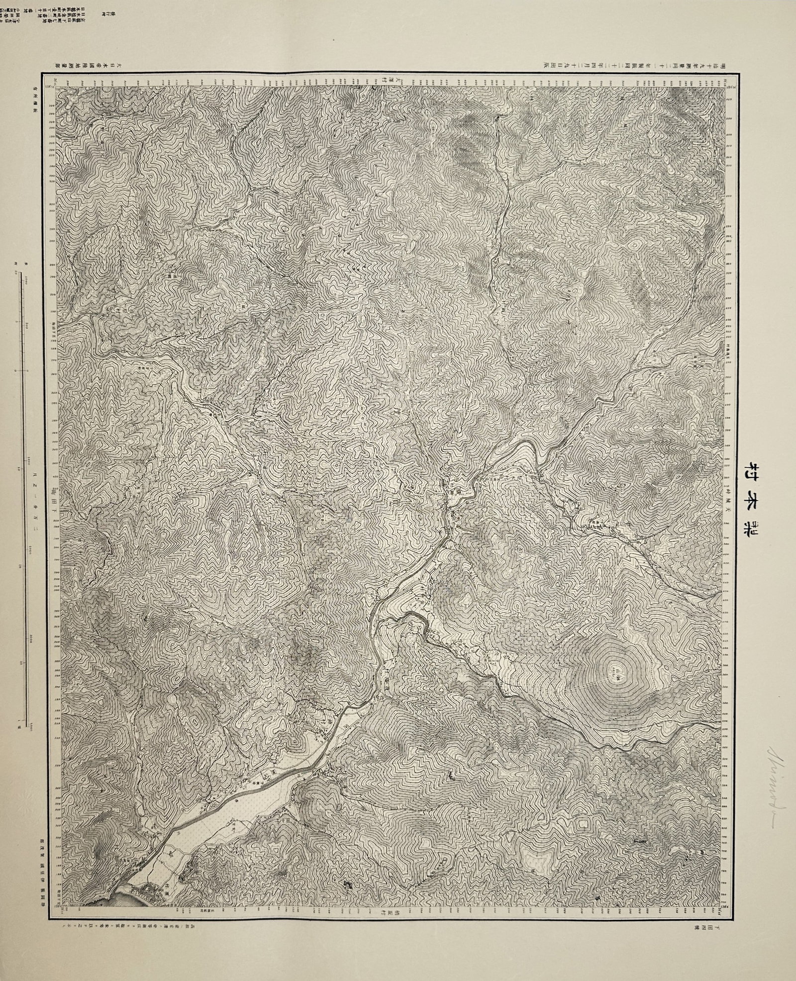 Japanese School (20th century) – Topographic Map of Nashimoto – Engraving (20th century): This topographic map presents a detailed survey of the Nashimoto region (Nashimoto-mura), located in the southern part of the Izu Peninsula in Shizuoka Prefecture. The composition is defined by dense