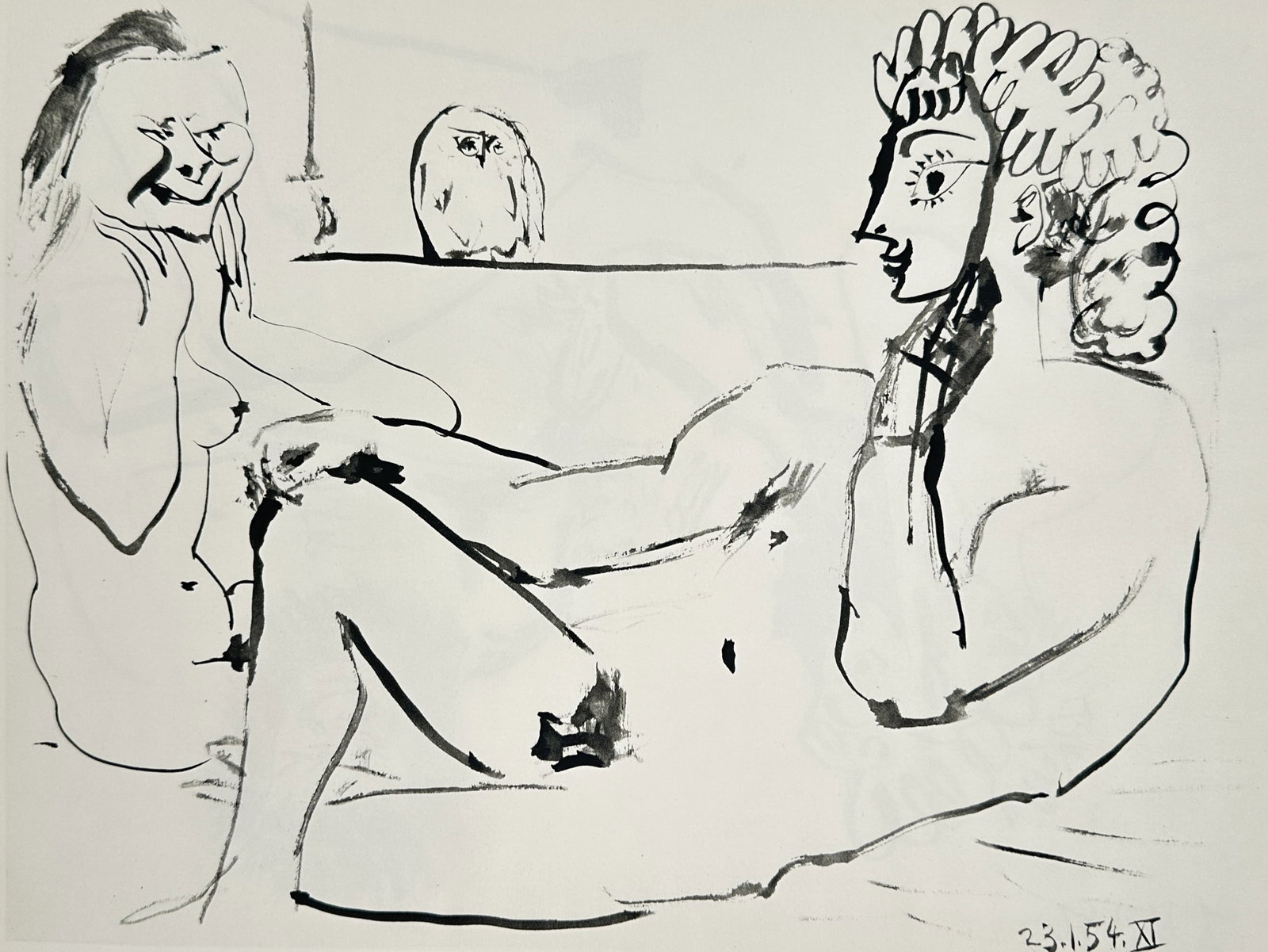Pablo Picasso (1881–1973), after – Two Nudes and an Owl – Offset print (20th Century): "23.1.54.XI" presents a figurative scene featuring a reclining male nude and a seated female figure wearing a mask. The composition is executed in a sparse, gestural calligraphic style characteristic