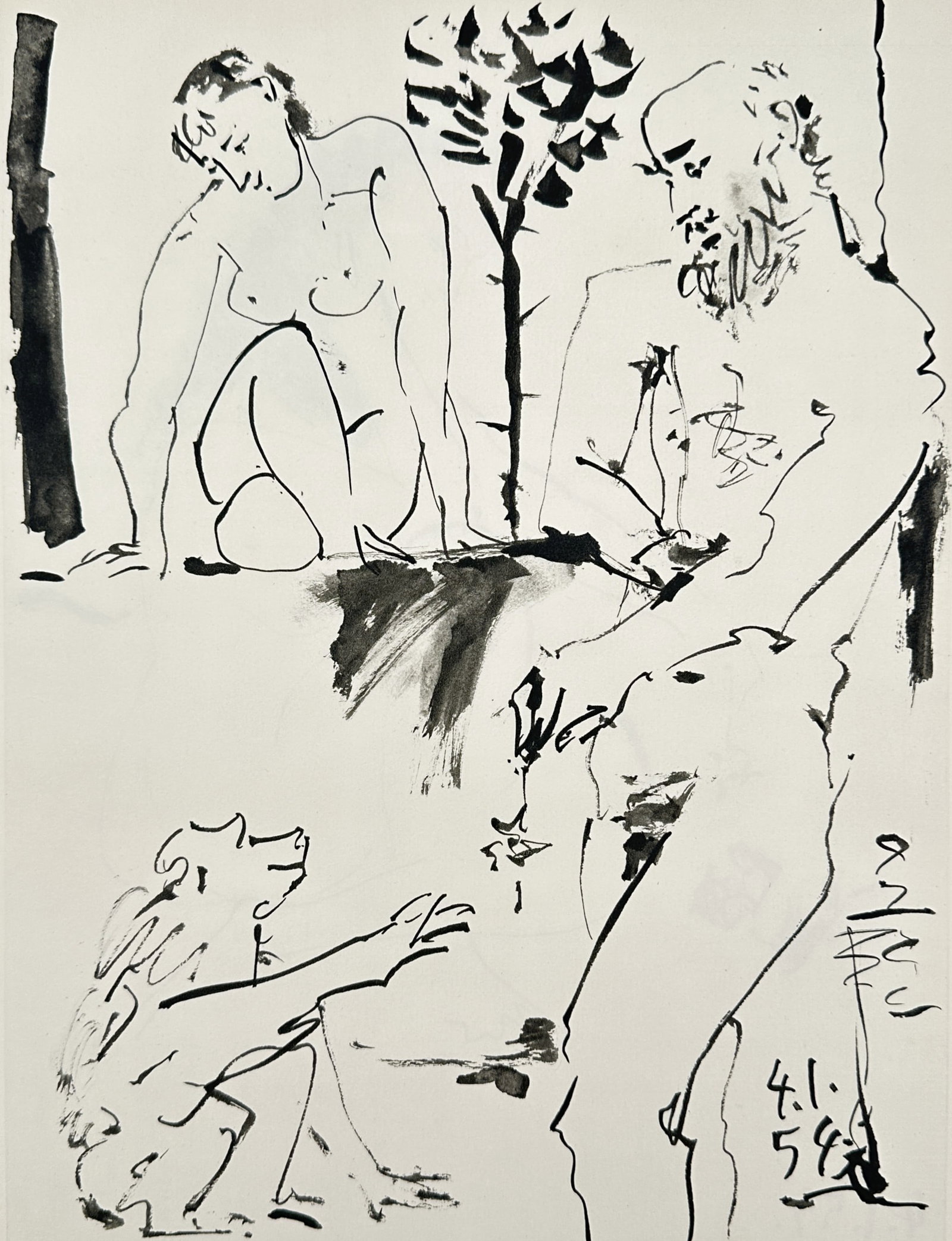 Pablo Picasso (1881–1973), after – Two Nudes and a Dog – Offset print (20th Century): "4.1.54.V" presents a figurative scene featuring a seated female nude in the upper left and a standing male figure in the center, both rendered with gestural, calligraphic lines characteristic of the