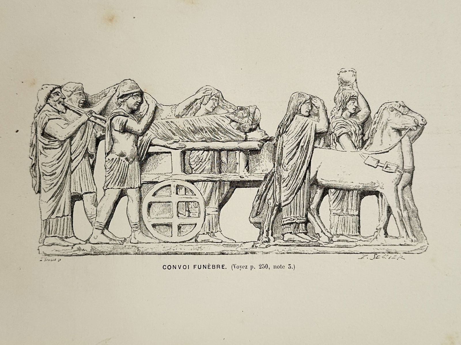 Stanislaw Ksawery Krukowski (1811–1884) – Ancient Funeral Procession – Engraving: "Convoi Funebre." presents a detailed study of an ancient relief sculpture depicting a funerary cortege. The engraving illustrates a deceased figure lying upon a horse-drawn cart, accompanied by multi