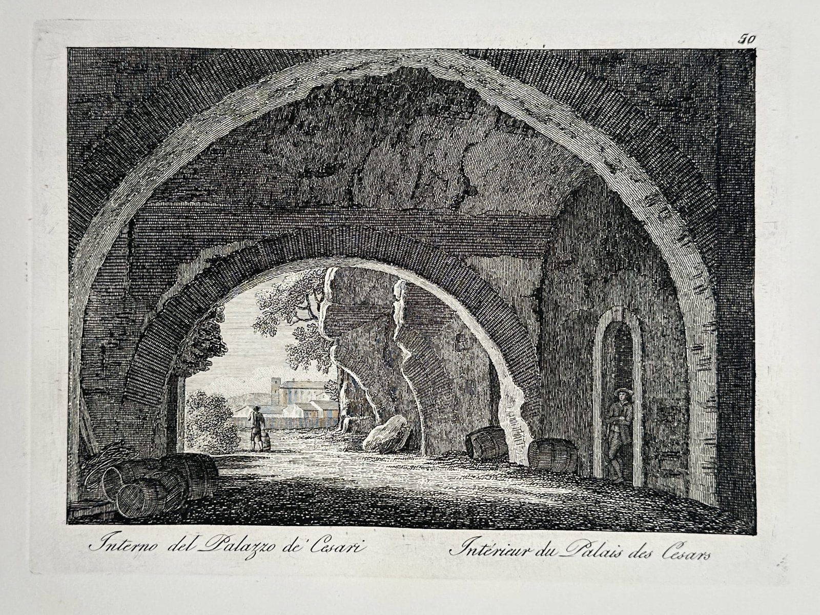 Pietro Parboni (1783–1841) – Interior of the Palace of the Caesars – Etching (1820s): "Interno del Palazzo de' Cesari" presents a dramatic perspective through the massive vaulted brick ruins of the imperial residence on the Palatine Hill in Rome. The etching illustrates the play of lig