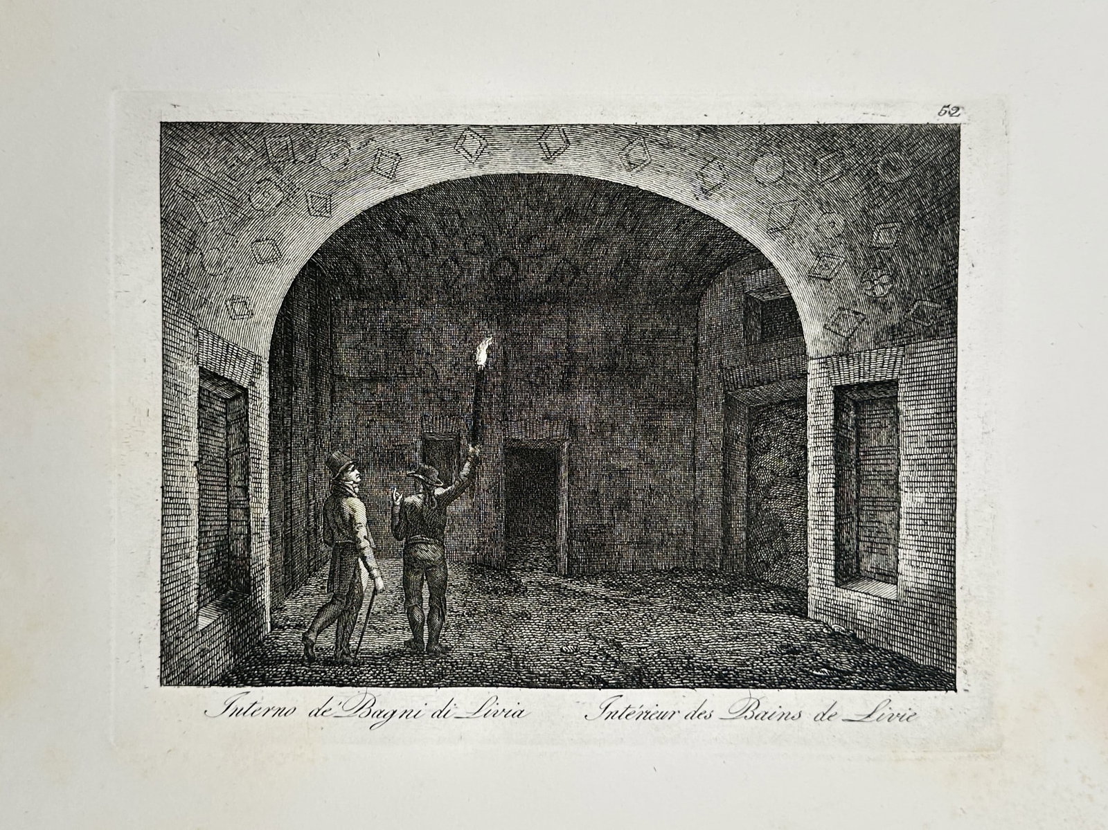 Pietro Parboni (1783–1841) – Interior of the Baths of Livia – Etching (1820s): "Interno de' Bagni di Livia" presents an atmospheric architectural study of a subterranean vaulted chamber within the imperial ruins on the Palatine Hill in Rome. The etching illustrates two explorers