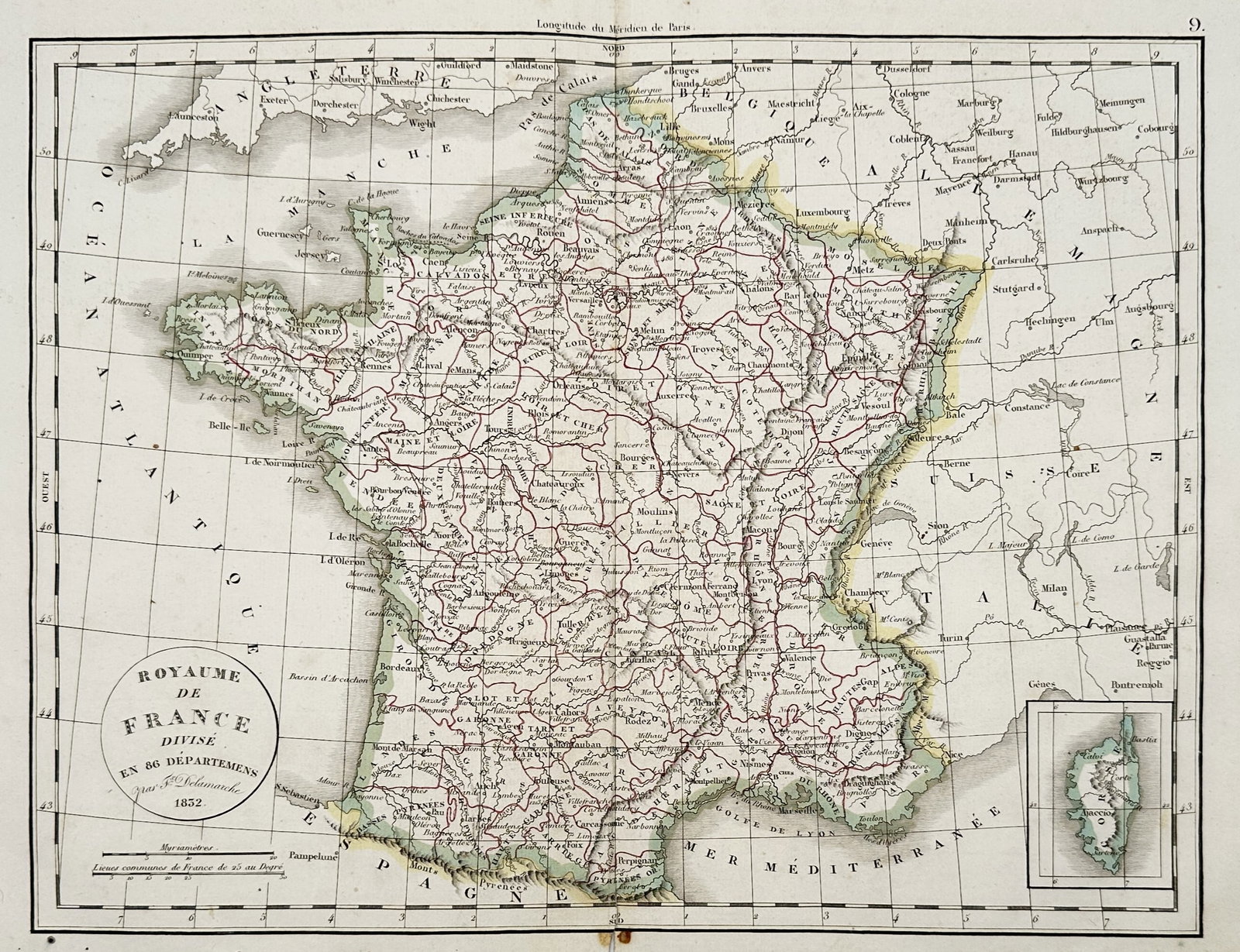 Felix Delamarche – Map of the Kingdom of France – Hand-coloured engraving (1832) (1 of 2)