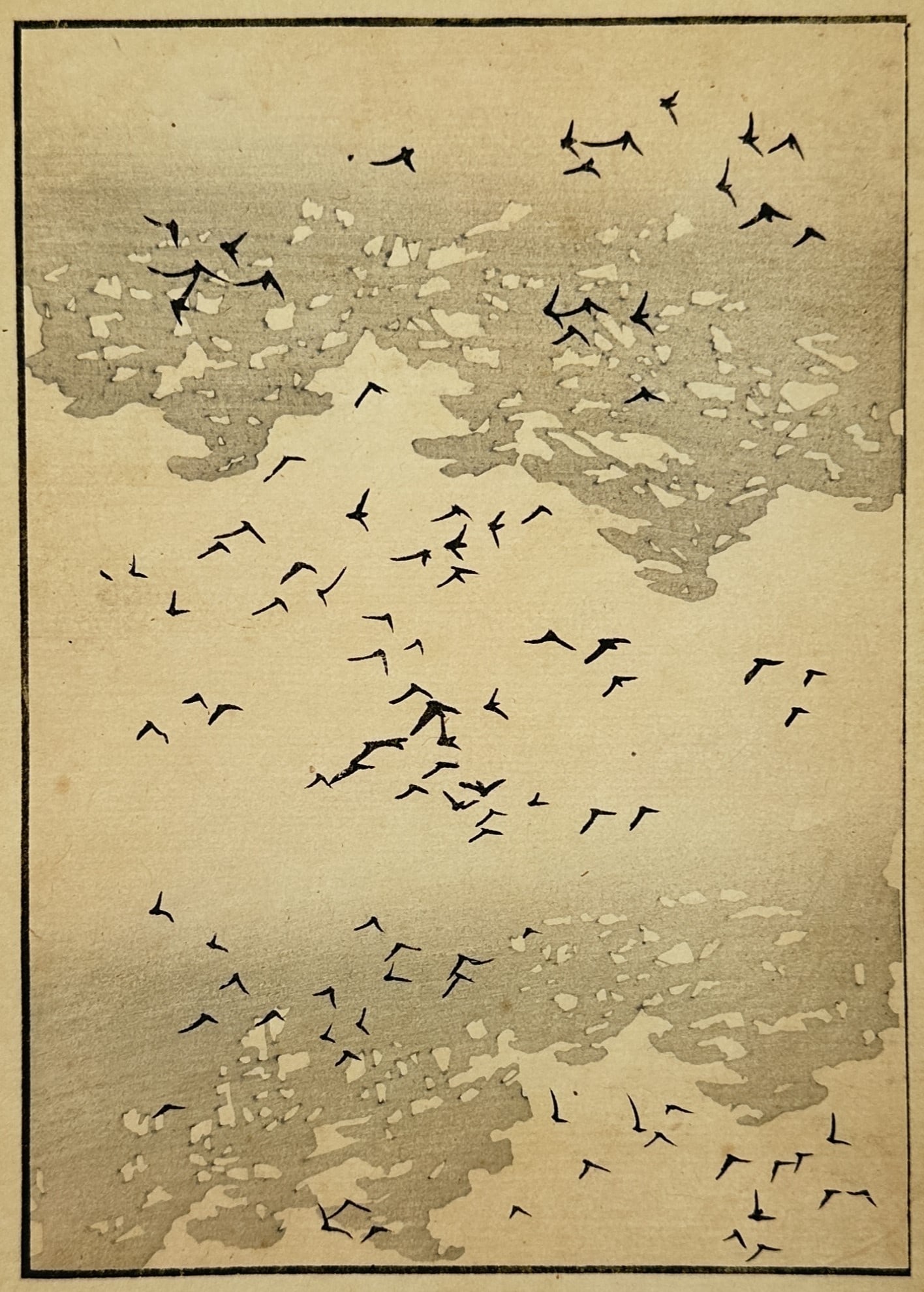 Japanese School (20th Century) – Birds over Breaking Waves – Woodcut (20th Century): "Birds over Breaking Waves" depicts a large flock of small black birds in flight over a sea of stylized, frothing waves. The composition employs a muted palette of tan and grey to represent the churni
