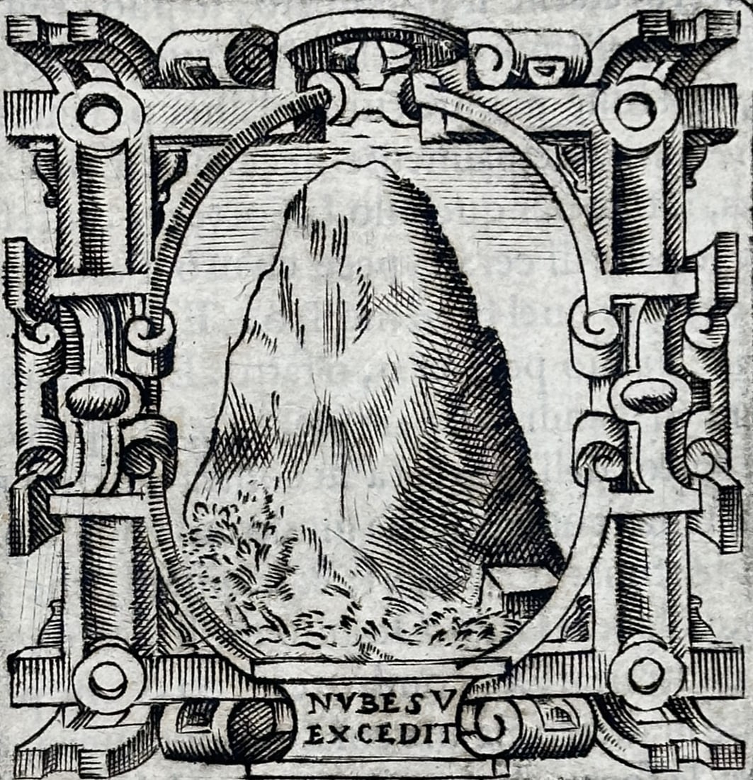 Girolamo Ruscelli (1500–1566) – Device of Ottavio Farnese – Engraving (1566): "Di Ottavio Farnese" presents an ornate allegorical emblem or device dedicated to the Duke of Parma and Piacenza. The central illustration depicts Mount Olympus with its summit rising above a bank of