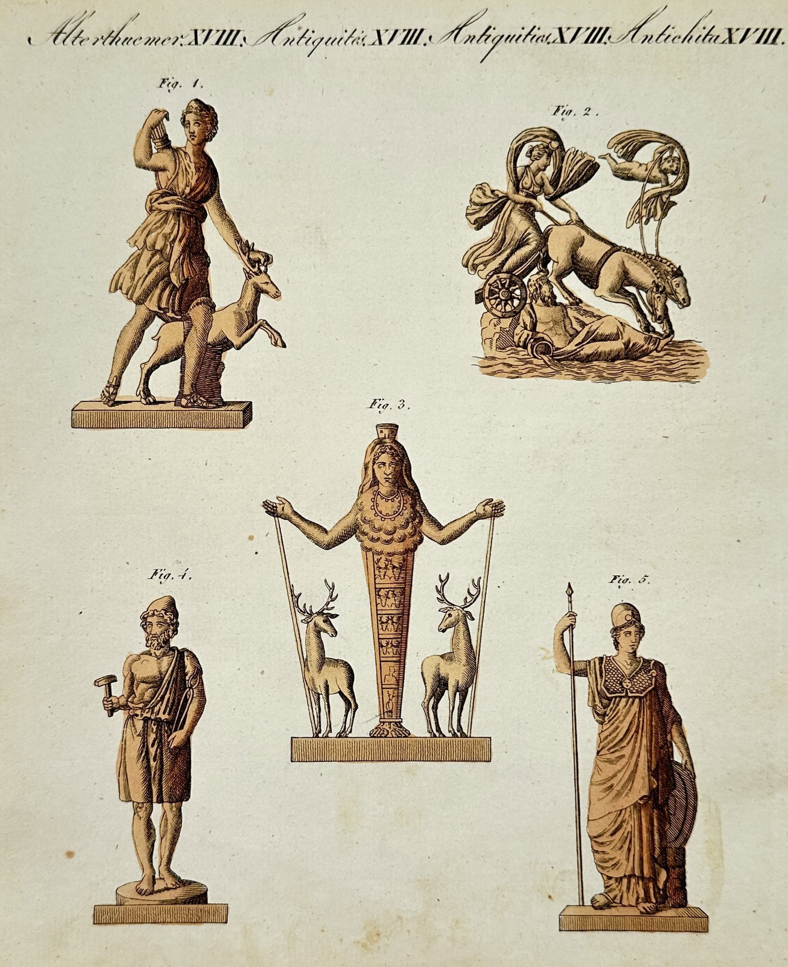 Friedrich Justin Bertuch – Study of Ancient Deities and Statues – Hand-coloured engraving (1 of 2)