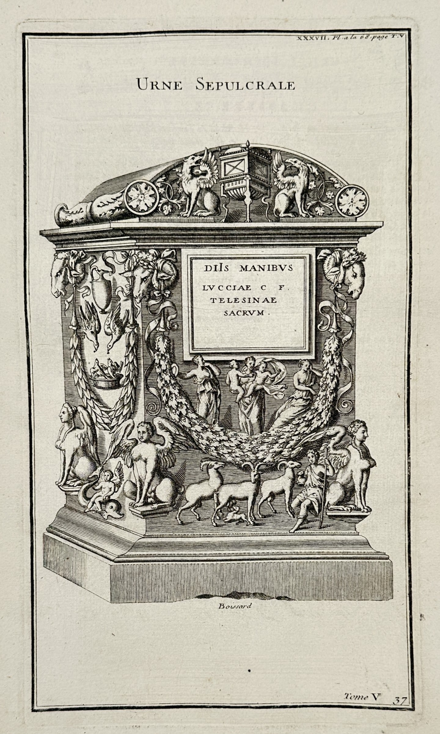 Bernard Montfaucon (1655–1741) – Roman Sepulchral Urn – Engraving (18th Century): "Urne Sepulcrale" presents a detailed archaeological study of a Roman funerary monument. The central illustration depicts a highly decorative marble chest or altar featuring a Latin inscription dedica