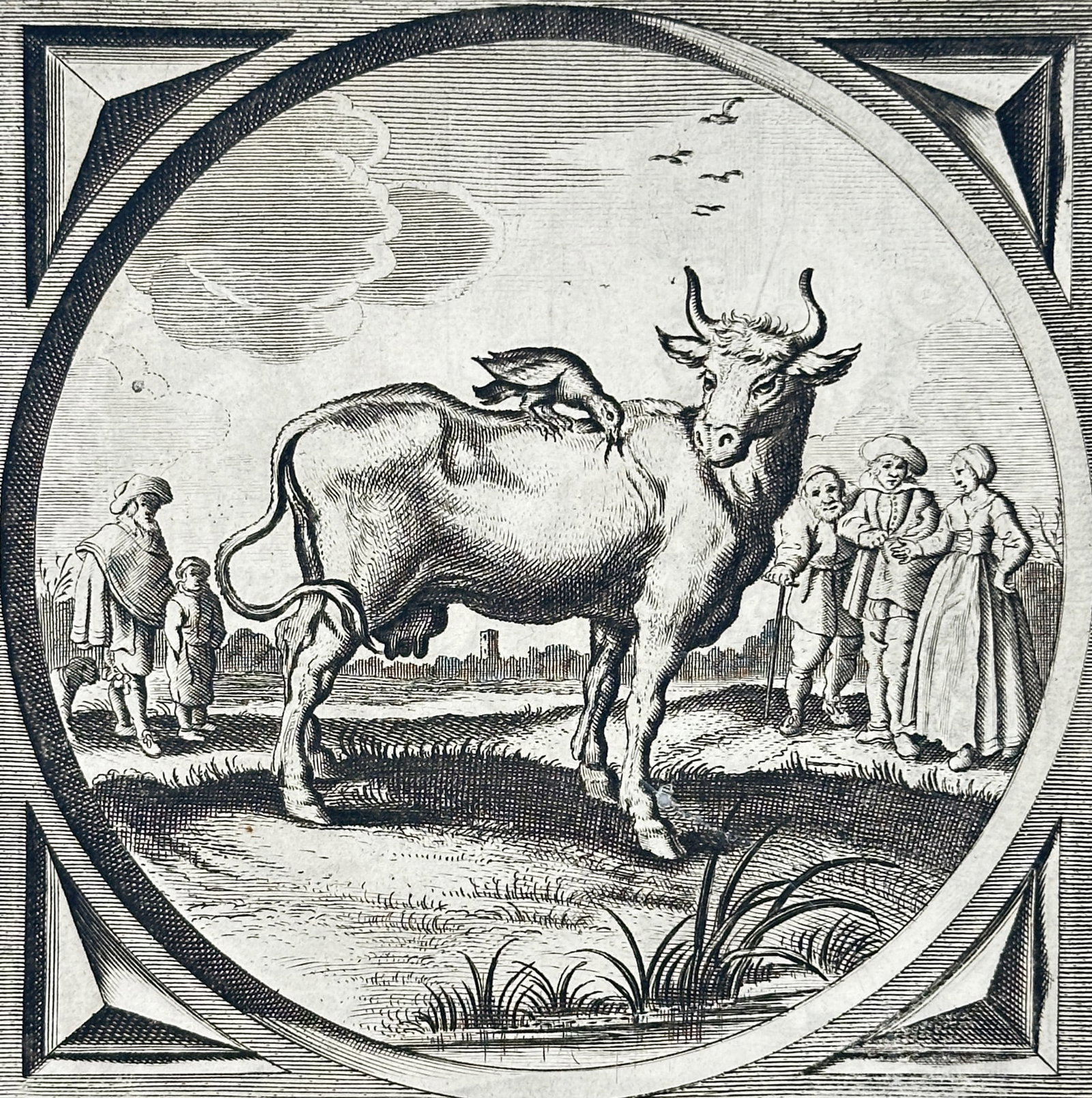 Jacob Cats (1577–1660) – Staten en Ampten – Engraving (1625): "t Is een stoute kraey die een levendigh beest in 't lijf pickt." depicts an emblematic scene featuring a cow standing in a pastoral landscape with a crow perched upon its back. In the background, sev