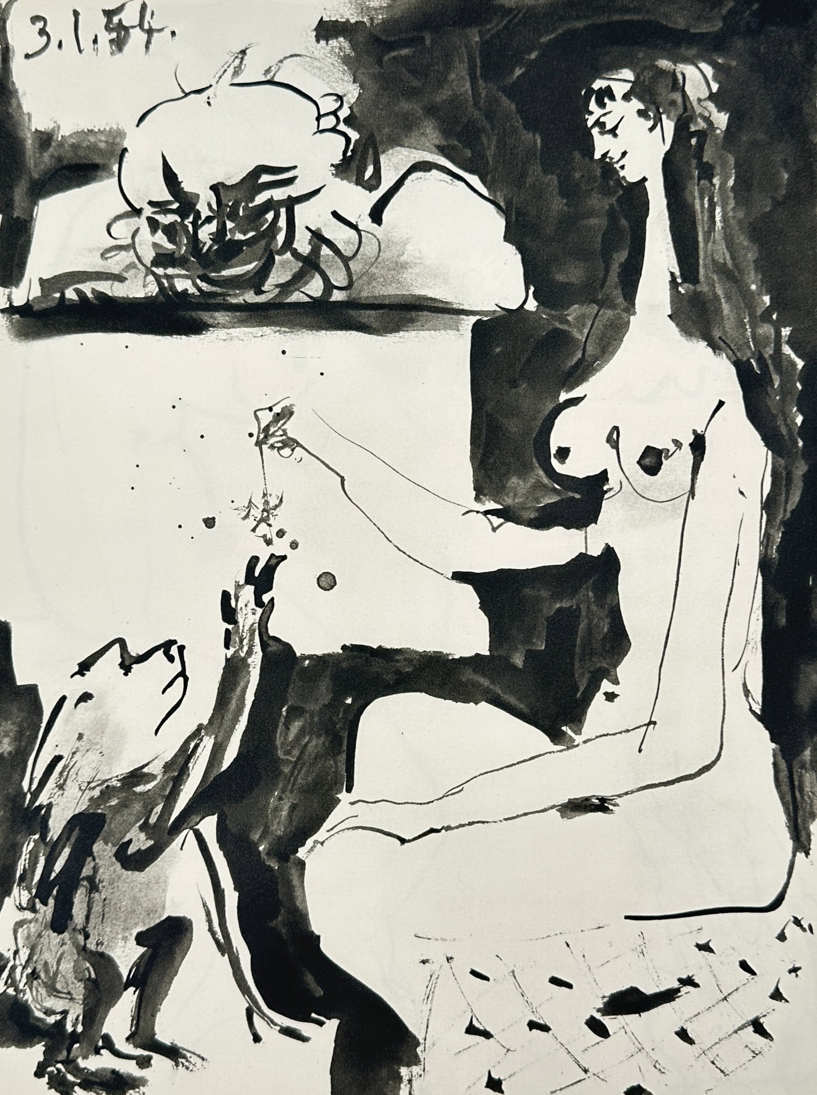 Pablo Picasso (1881–1973), after – Seated Nude and Dog – Offset print (20th Century): "3.1.54." presents a figurative scene featuring a seated female nude in profile on the right and a stylized dog in the lower left reaching upward toward a small object held by the woman. The compositi