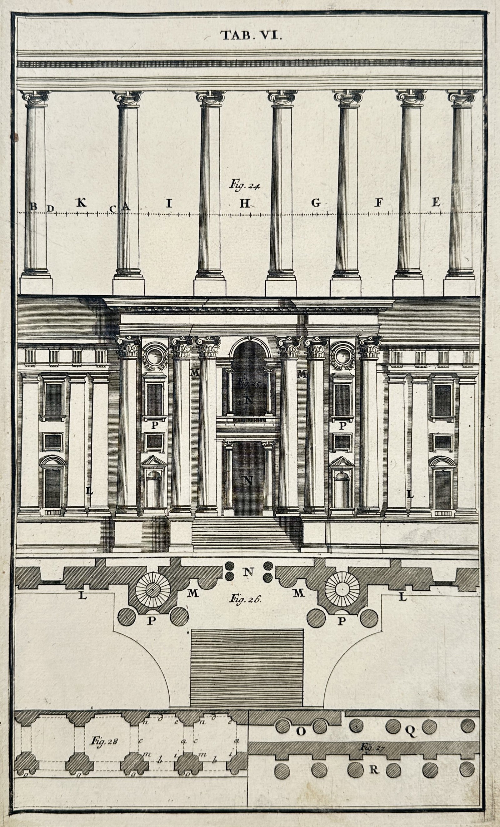 Jean-François de Neufforge (1714–1791) – Architectural Elevation and Floor Plans: "TAB. VI." presents a multi-part architectural study focused on the grand entrance of a neoclassical structure. The upper register features a sectional elevation of a monumental colonnade, while the c