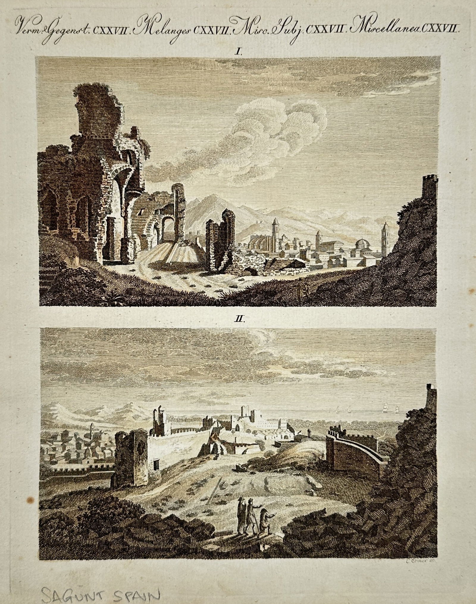 Friedrich Justin Bertuch – View of Sagunto – Spain – Etching (1805): "Melanges CXXVII". This print features two views of the ruins and cityscape of Sagunto, Spain, showing the ancient fortifications and the surrounding landscape. The work is from the Bilderbuch für Ki