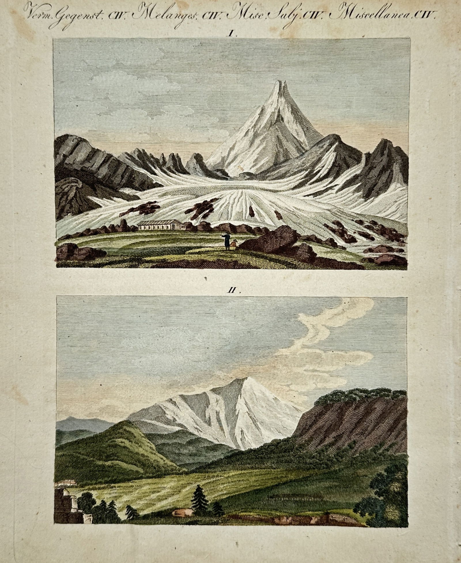 Friedrich Justin Bertuch – Views of Saint Gotthard – Switzerland – Hand-coloured etching: "Melanges CIV". This print features two hand-coloured views of the Saint Gotthard Pass in the Swiss Alps, showcasing the dramatic mountainous terrain, glaciers, and valley landscapes. The work is from