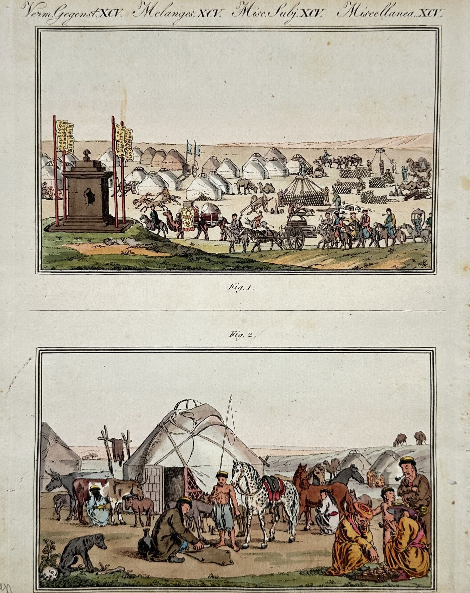 Friedrich Justin Bertuch – Scenes of Mongolian Life – Hand-coloured etching (1805): "Melanges XCV". This print features two hand-coloured scenes depicting the lifestyle and encampments of the Mongolian people. The upper illustration shows a large caravan of camels and horses passing