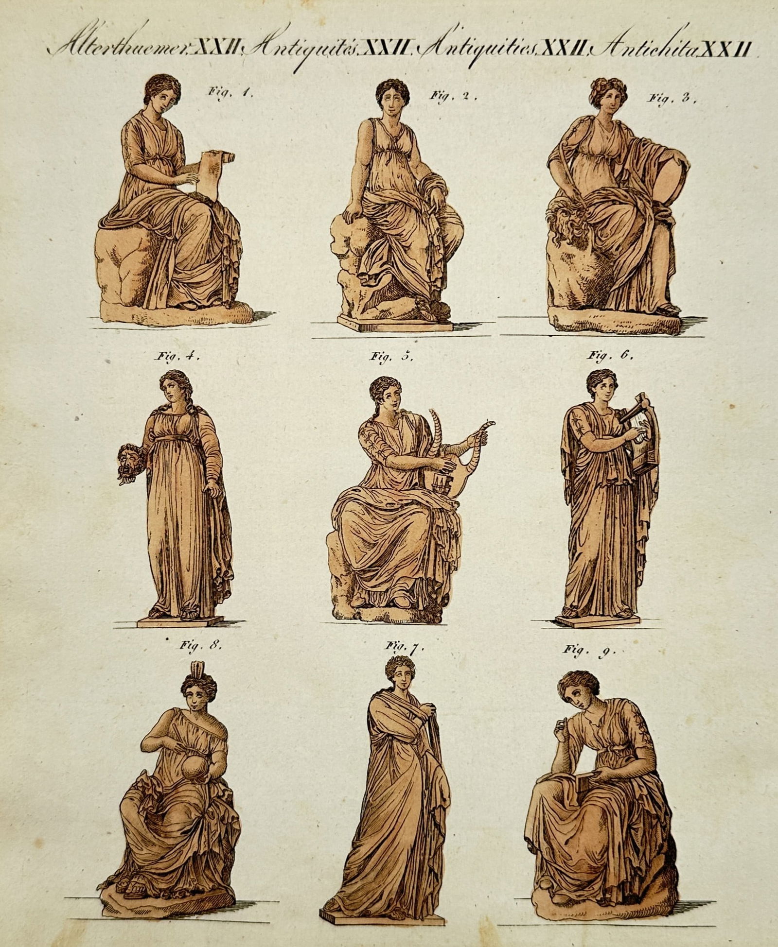 Friedrich Justin Bertuch – Studies of Classical Statues – Hand-coloured etching (1805): "Alterthümer XXII". This print illustrates nine classical female figures, likely representing the Muses or other mythological deities from antiquity, shown in various seated and standing poses with a