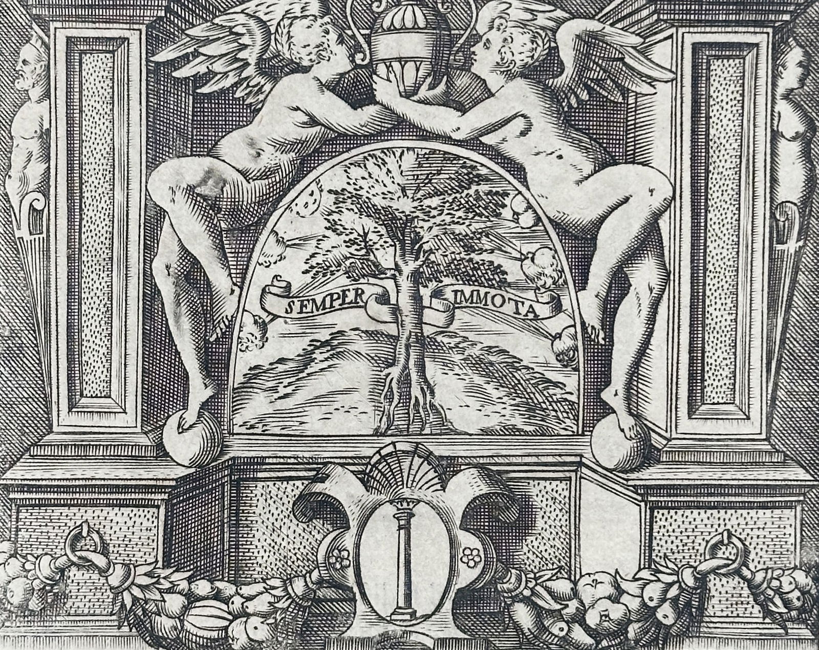 Girolamo Ruscelli (1504–1566) – Emblem of Marc' Antonio Colonna il Giovane – Engraving (1566): "Marc' Antonio Colonna, Il Giovane." This print illustrates the personal emblem of Marc' Antonio Colonna the Younger, featuring a central shield depicting a column and a flourishing tree, flanked by t