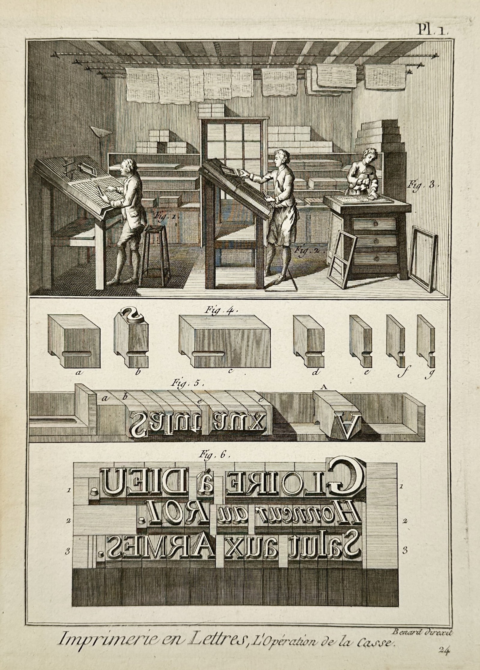 Robert Benard (1734–1777) – Scene of a Letterpress Printing Workshop – Engraving (1762): "Imprimerie en Lettres, l'Opération de la Casse." This print illustrates an active letterpress printing workshop in the upper panel, showing three workers engaged in the process of setting type and o
