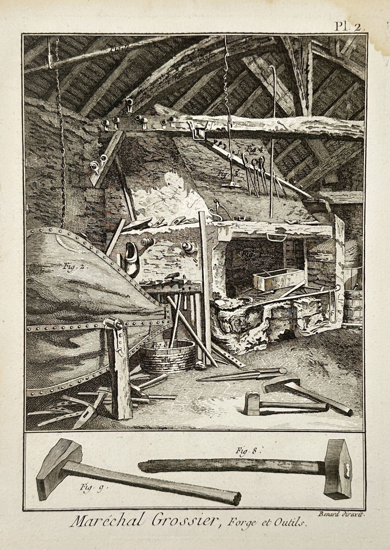 Robert Benard (1734–1777) – Scene of a Blacksmith’s Forge and Tools – Engraving (1762): "Maréchal Grossier, Forge et Outils." This print illustrates the interior of a blacksmith’s workshop in the upper panel, featuring a large hearth, a mechanical bellows system, and various metalwork