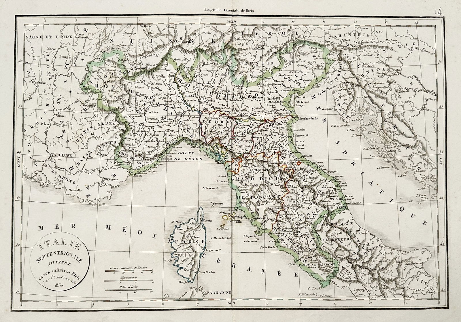 Felix Delamanche (1821–1867) – Map of Northern Italy – Italy – Engraving (1852): "Italie Septentrionale." This map illustrates the northern regions of Italy, including the Kingdom of Sardinia, Lombardy, and the Grand Duchy of Tuscany, with topographical details of the Alps and the