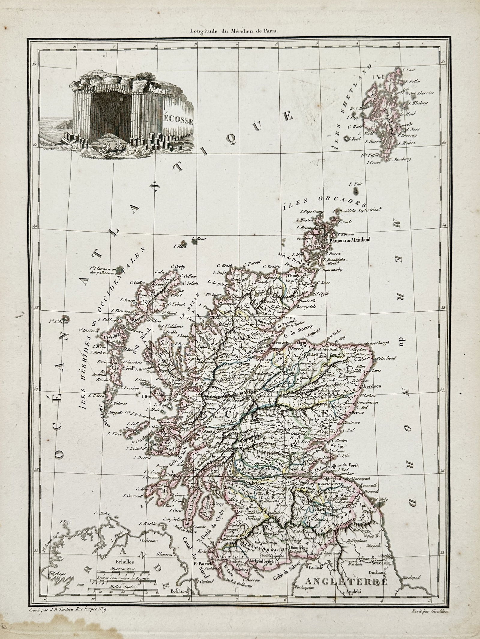 Conrad Malte-Brun (1775–1826) – Map of Scotland – United Kingdom – Engraving (1837): "Ecosse." This map illustrates the mainland of Scotland along with its major island groups, including the Hebrides, Orkneys, and Shetlands. The cartography delineates regional borders with hand-colour