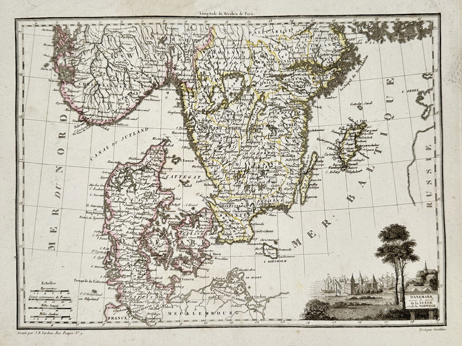 Conrad Malte-Brun (1775–1826) – Map of Denmark and Sweden – Denmark and Sweden – Engraving: "Danemark avec le midi de la Suede et de la Norvege." This map illustrates the Kingdom of Denmark, including the peninsula of Jutland and the various Danish islands, alongside the southern regions of