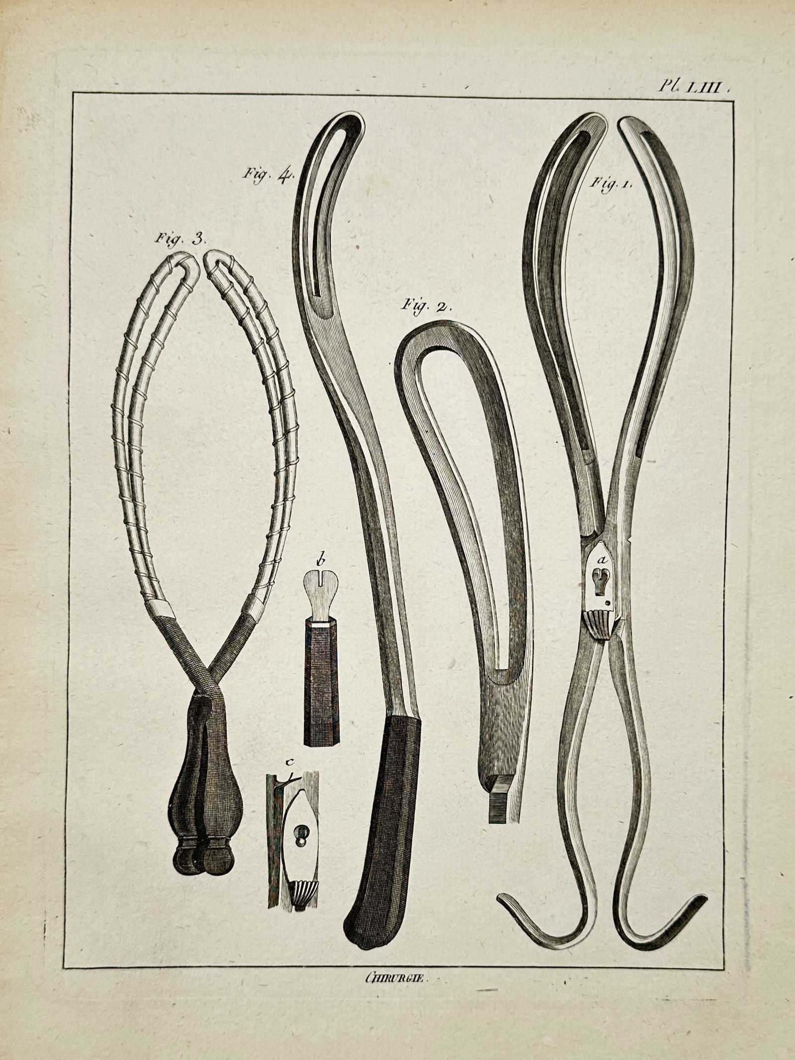 Robert Benard (1734–1777) – Study of Surgical Forceps and Speculums – Engraving (1771): "Chirurgie." This print illustrates various eighteenth-century medical instruments, including specialized surgical forceps and early speculums designed for clinical examination and procedures. The com