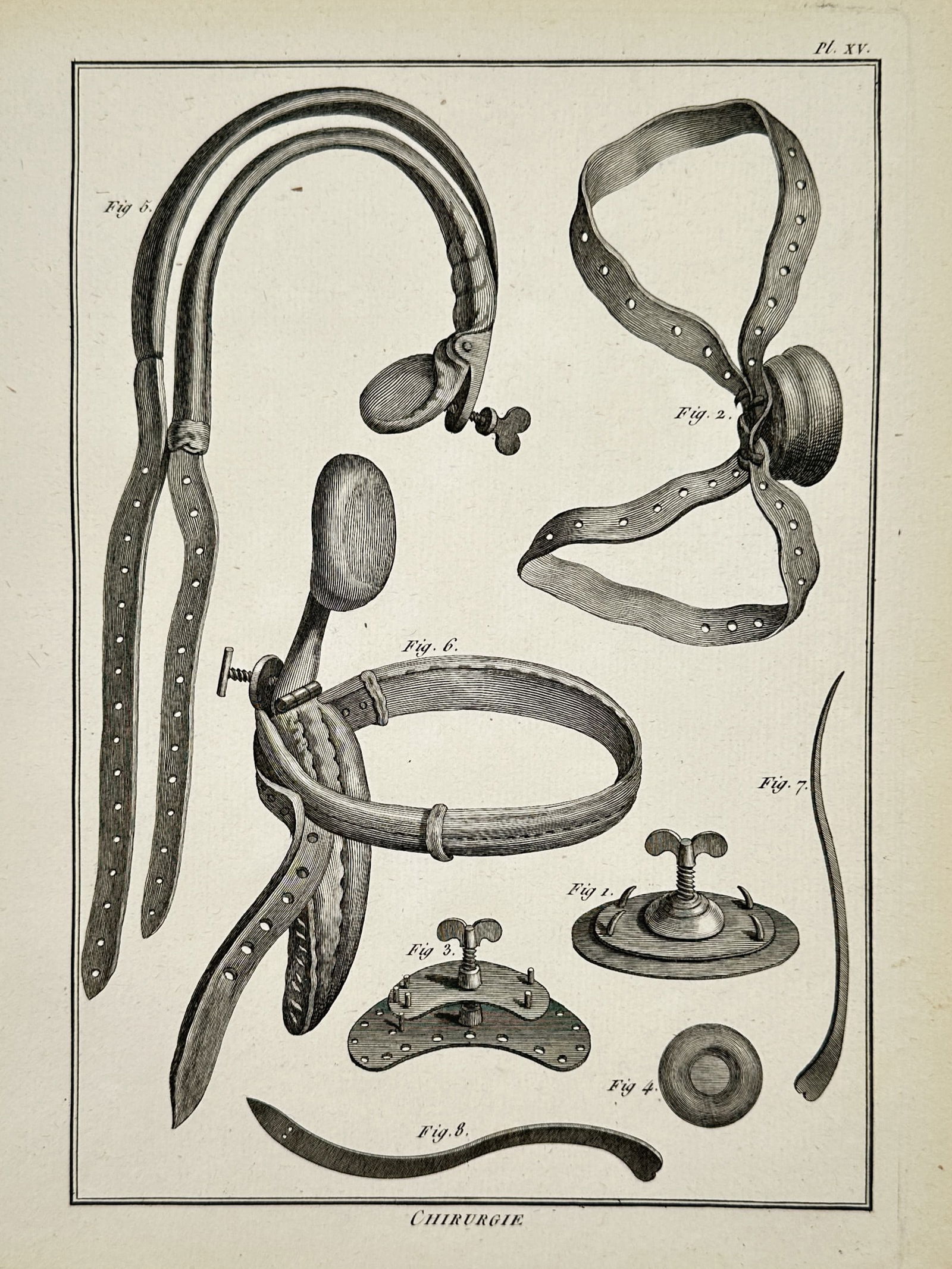 Robert Benard (1734–1777) – Study of Surgical Hernia Belts and Trusses – Engraving (1771): "Chirurgie." This print illustrates several eighteenth-century medical appliances, including leather-bound hernia belts and various steel trusses designed for abdominal support and the containment of