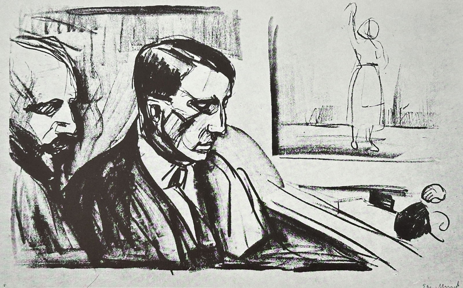 Edvard Munch (1863–1944), after – Mandsportrætter – Offset print (20th Century): "Mandsportrætter." This print features two male figures in the foreground, rendered with heavy, expressive charcoal-like strokes, while a lone female figure is depicted standing in the background. Th