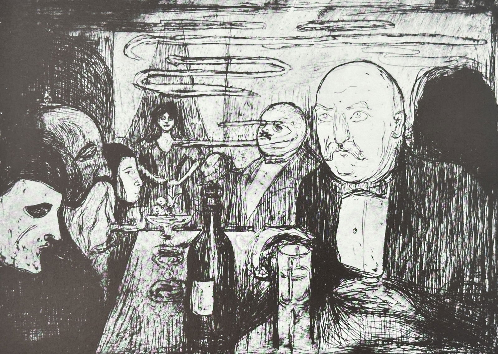 Edvard Munch (1863–1944), after – I Husene – Offset print (20th Century): "I Husene." This print depicts a social gathering around a dinner table, featuring several figures in formal attire with a central man in a tuxedo holding a glass. The scene utilizes dense, expressive