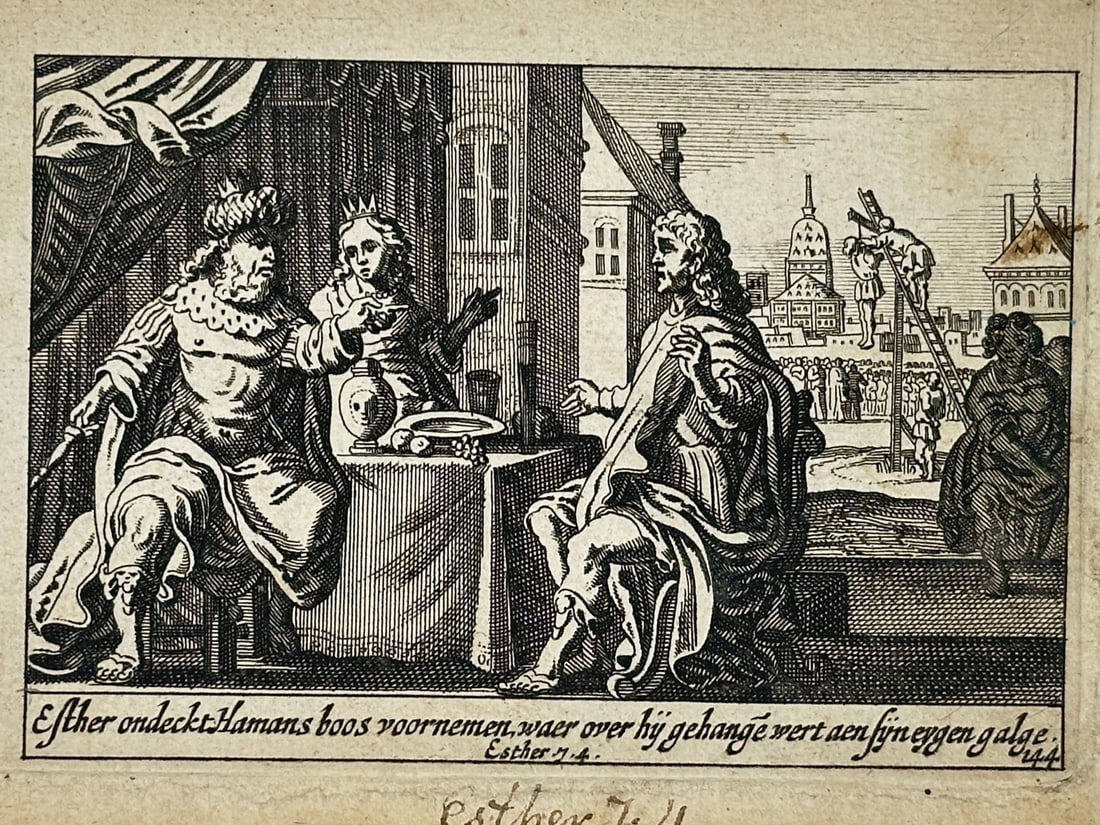 Pieter Schut (1618–1660) – Esther Reveals the Evil Intentions of Haman – Engraving (1659): "Esther ontdeckt Hamans boos voornemen, waer over hij gehange wert aen sijn eygen galge." This print illustrates the biblical scene from the Book of Esther where Queen Esther reveals Haman's wicked pl