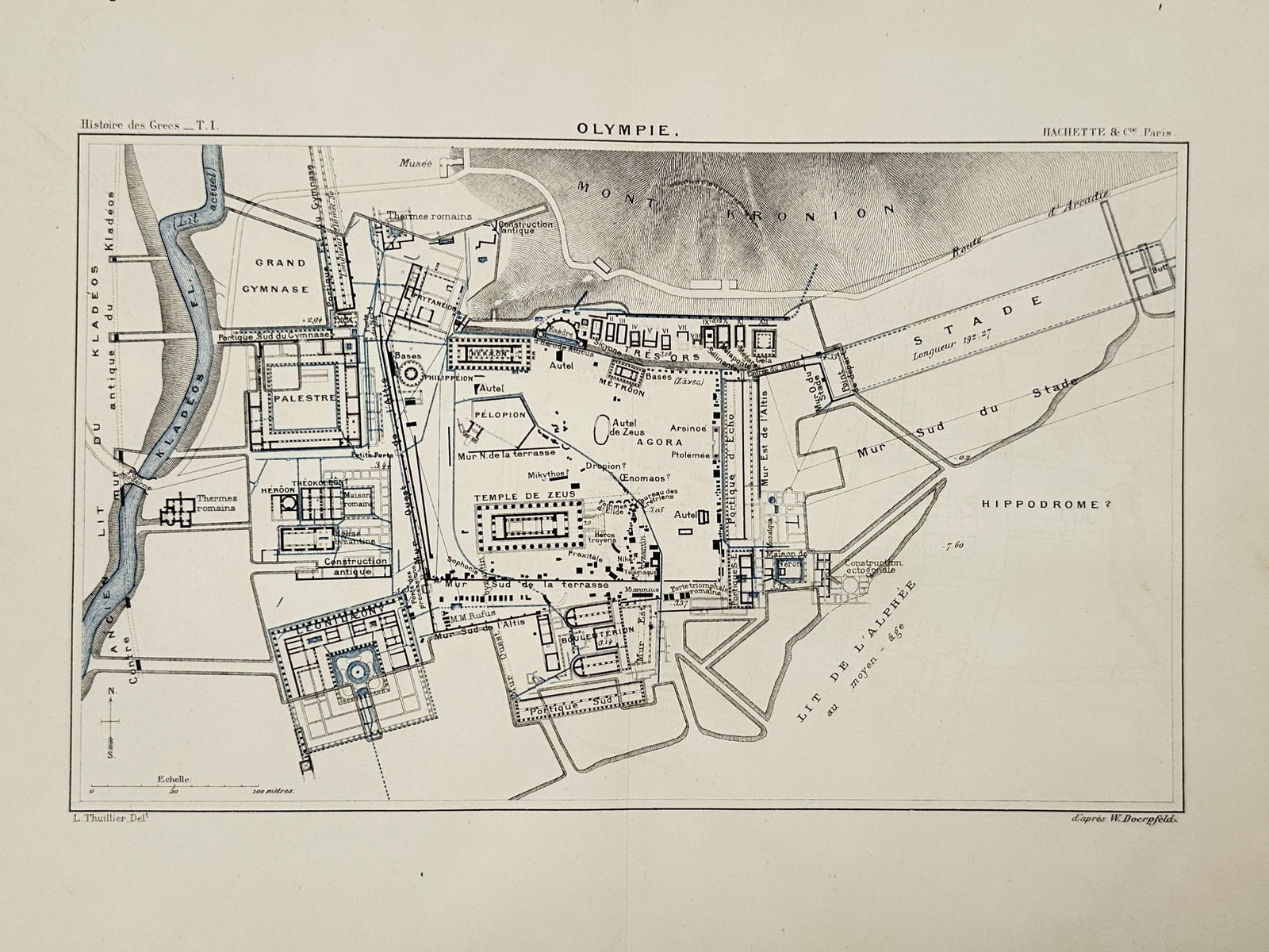 Louis Thuillier (1843–1886) – Map of Olympie – Greece – Hand-coloured steel engraving (1881) (1 of 2)