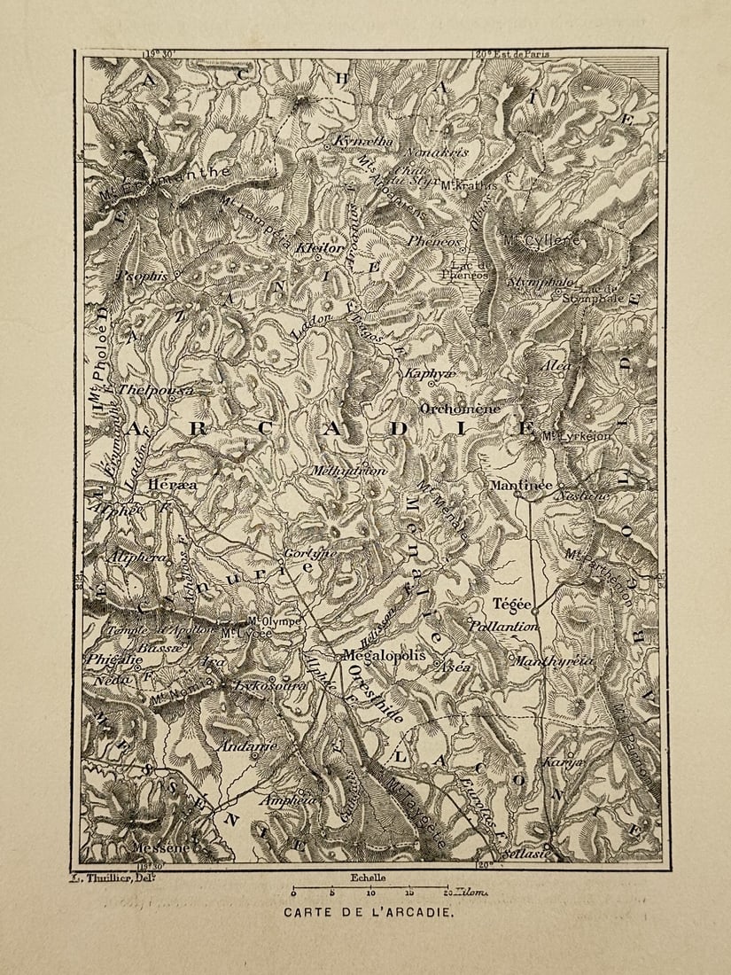 Louis Thuillier (1843–1886) – Map of Arcadia – Greece – Steel engraving (1881) (1 of 2)