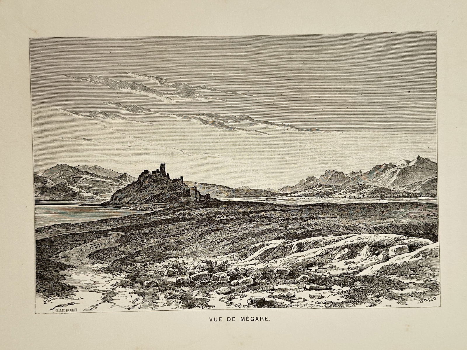 Charles Barbant (1844–1913) – View of Megara – Greece – Wood engraving (1881): "Vue de Mégare." This print provides a panoramic view of the ancient city of Megara, situated between Athens and Corinth, showing its prominent acropolis rising above a vast, rocky plain against a ba