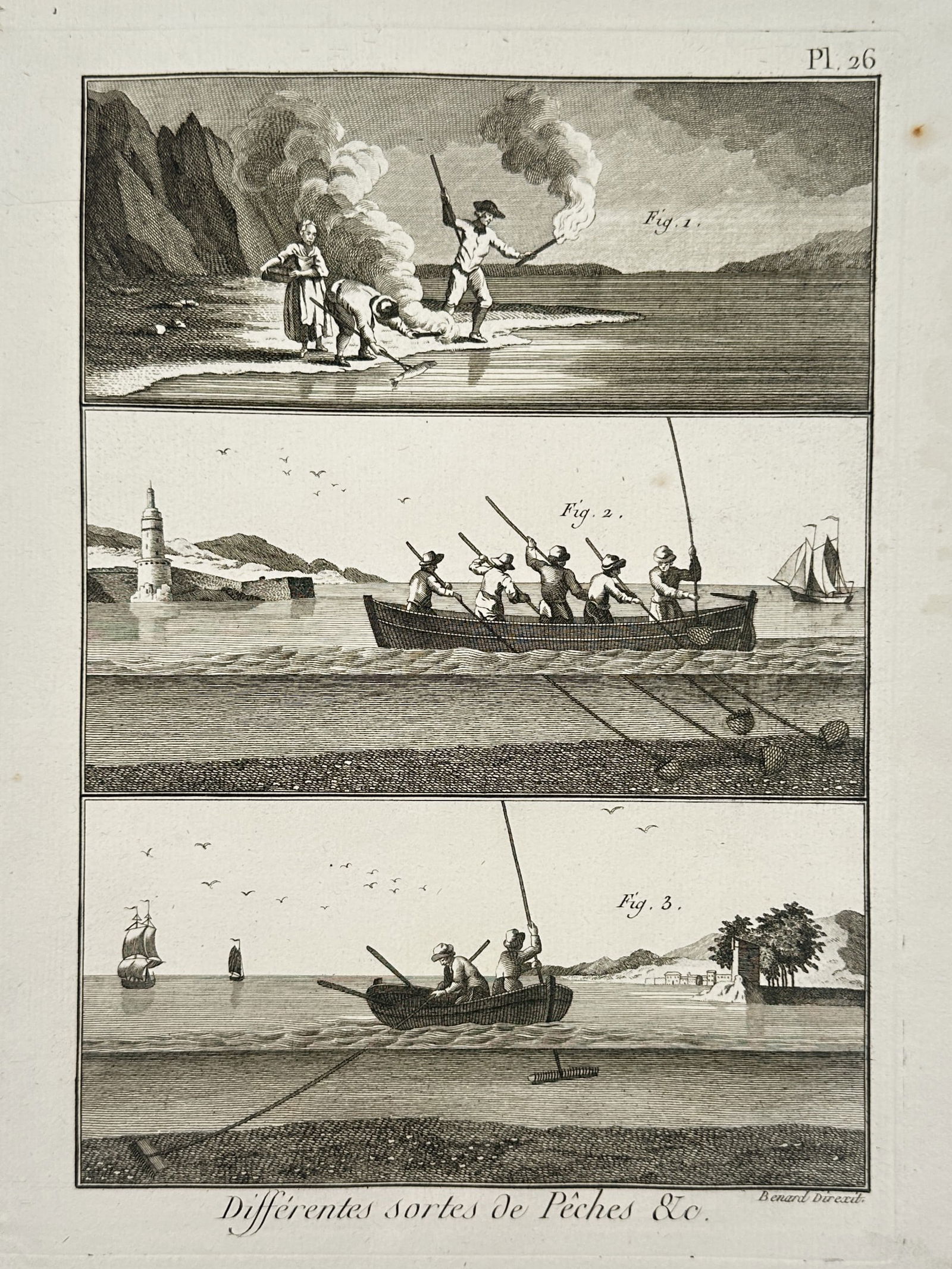 Robert Benard (1734–1777) – Various Fishing Methods and Night Fishing – Copper engraving (1 of 2)