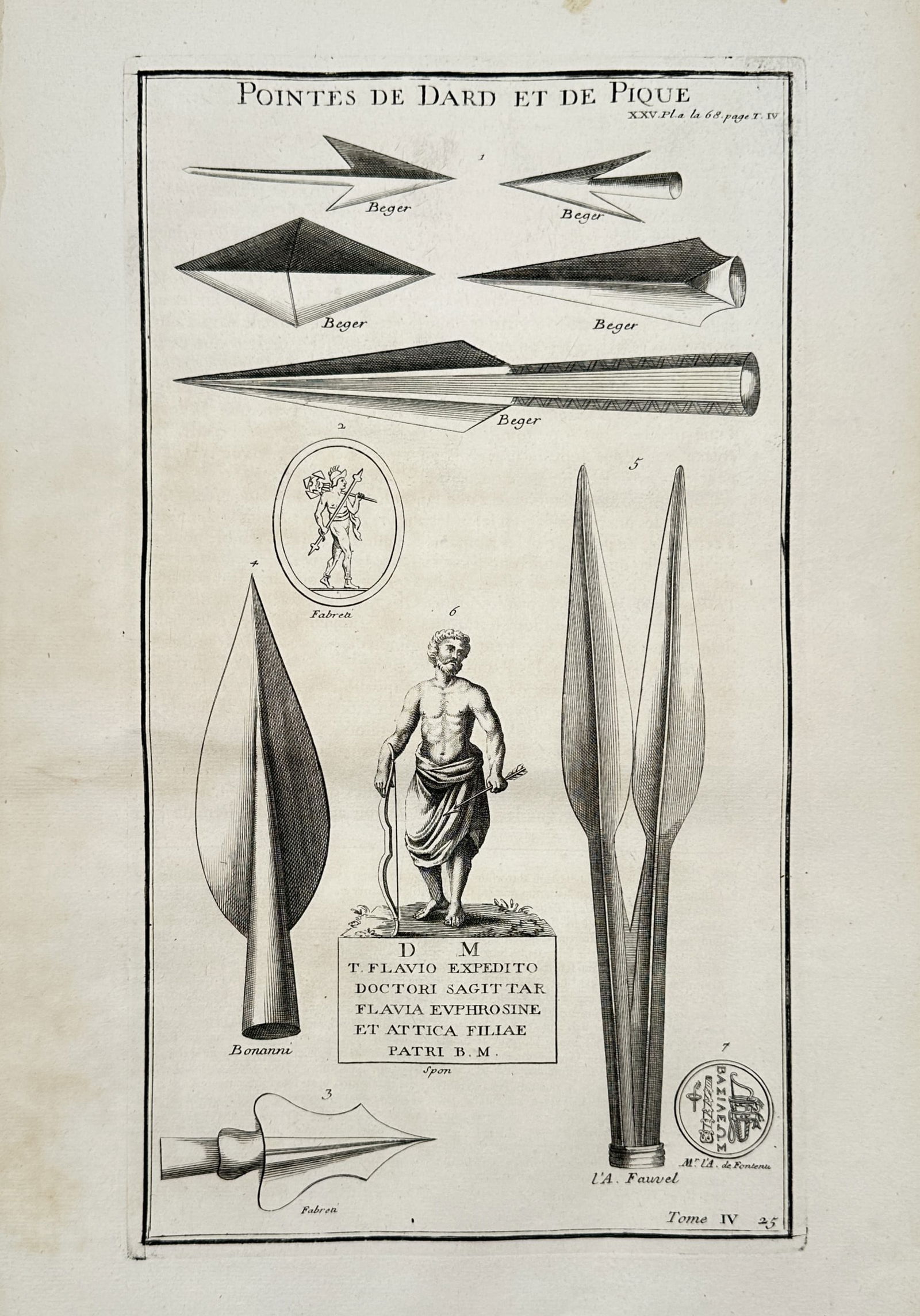 Bernard de Montfaucon (1655–1741) – Classical Studies of Ancient Spear and Dart Heads: "Pointes de Dard et de Pique" illustrates seven distinct examples of ancient projectile and polearm heads derived from classical archaeological sources. The composition features various aerodynamic de