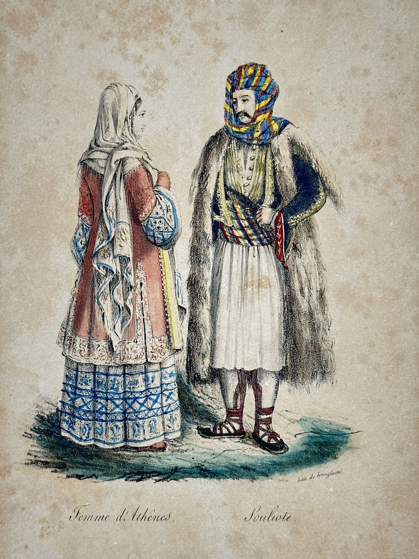 Charles Deval (1806–1862) – Portrait of a Woman of Athens and a Souliote – Hand-coloured: "Femme d'Athenes. Souliote." illustrates two figures in traditional Greek costume standing in an outdoor setting. The woman on the left is shown from behind, wearing a long patterned skirt and a decor